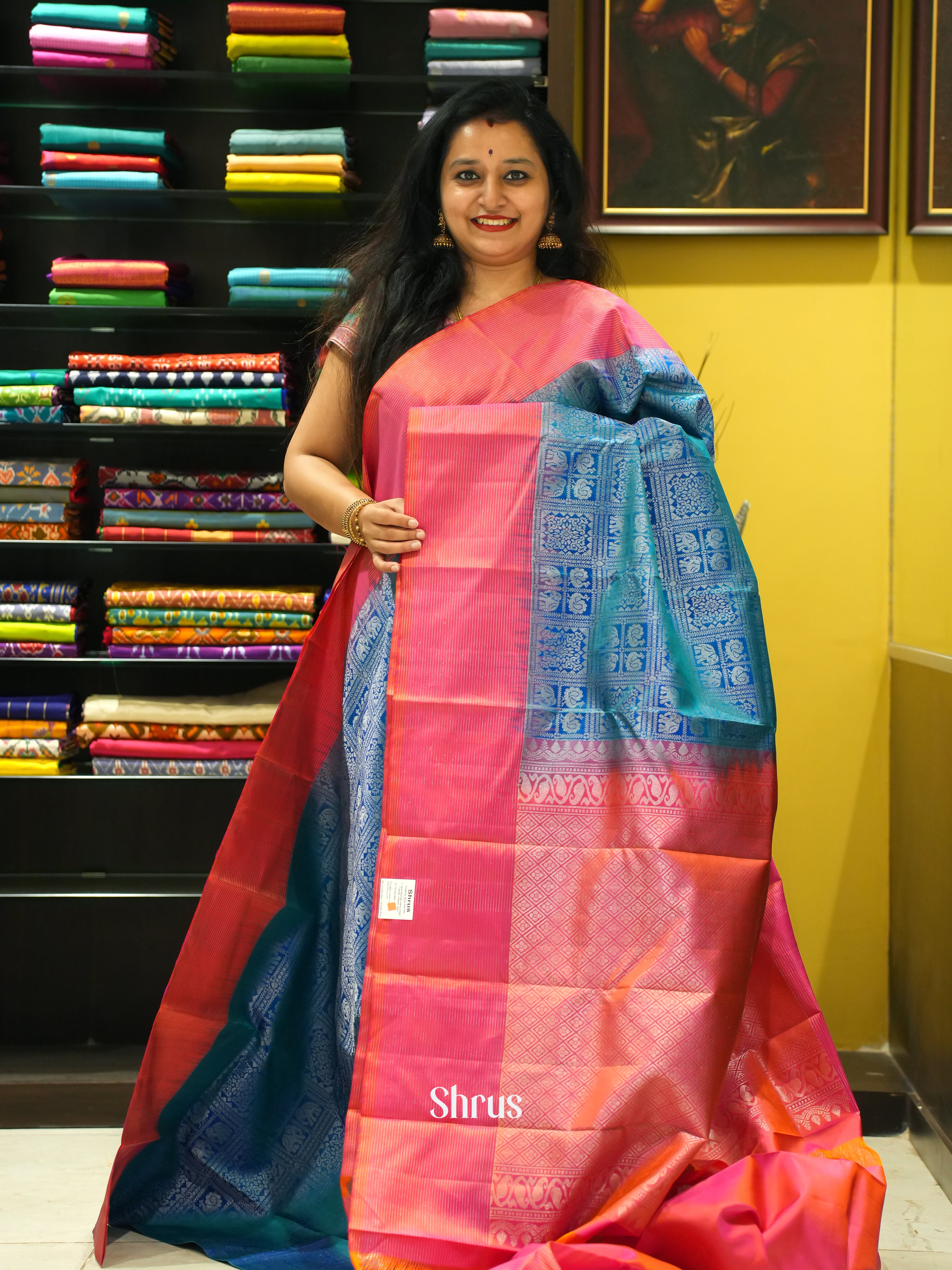 Blue & Orangish Pink - Soft Silk Saree - Shop on ShrusEternity.com