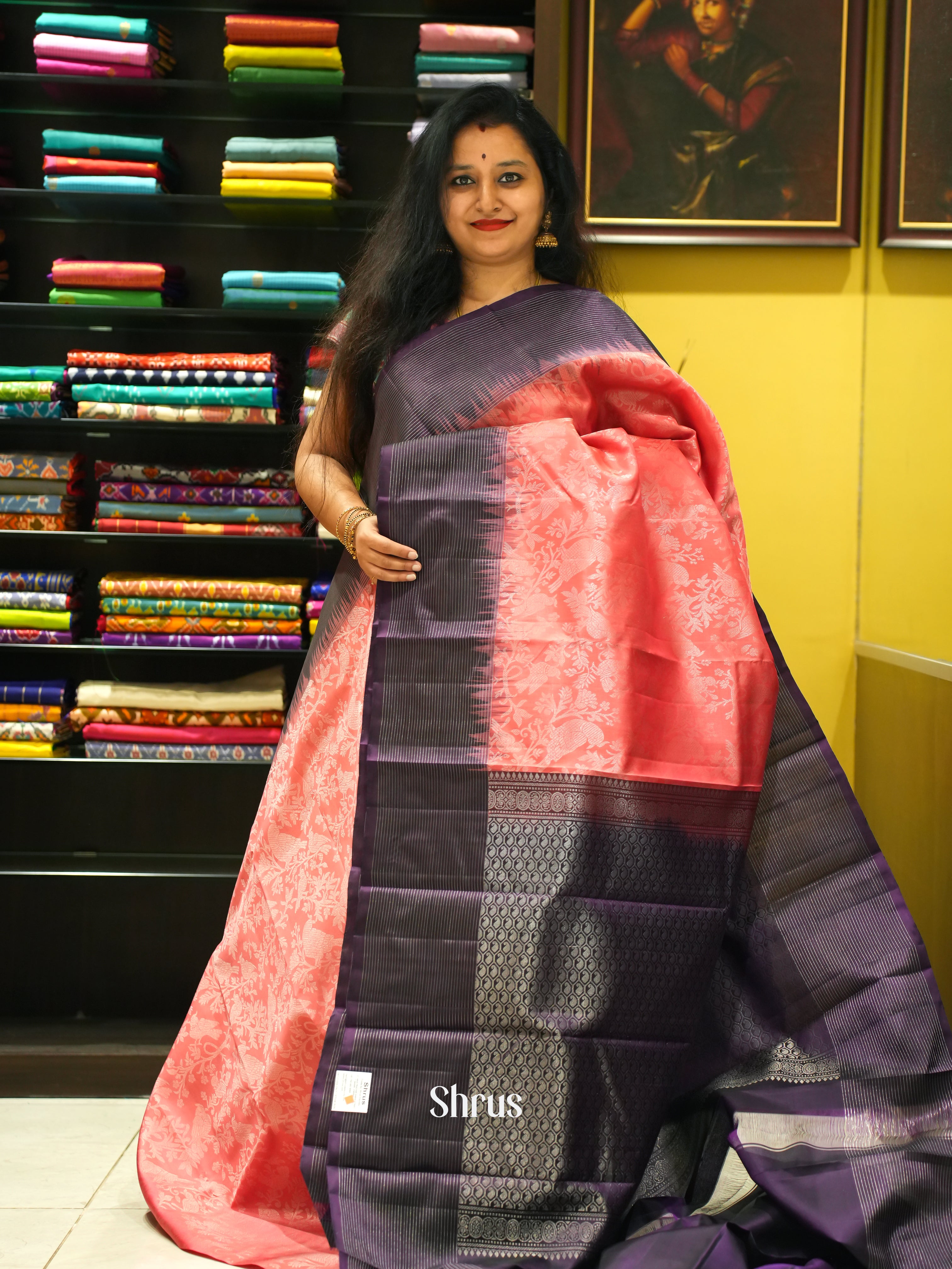 Peachish Pink & Purple- Soft Silk Saree - Shop on ShrusEternity.com