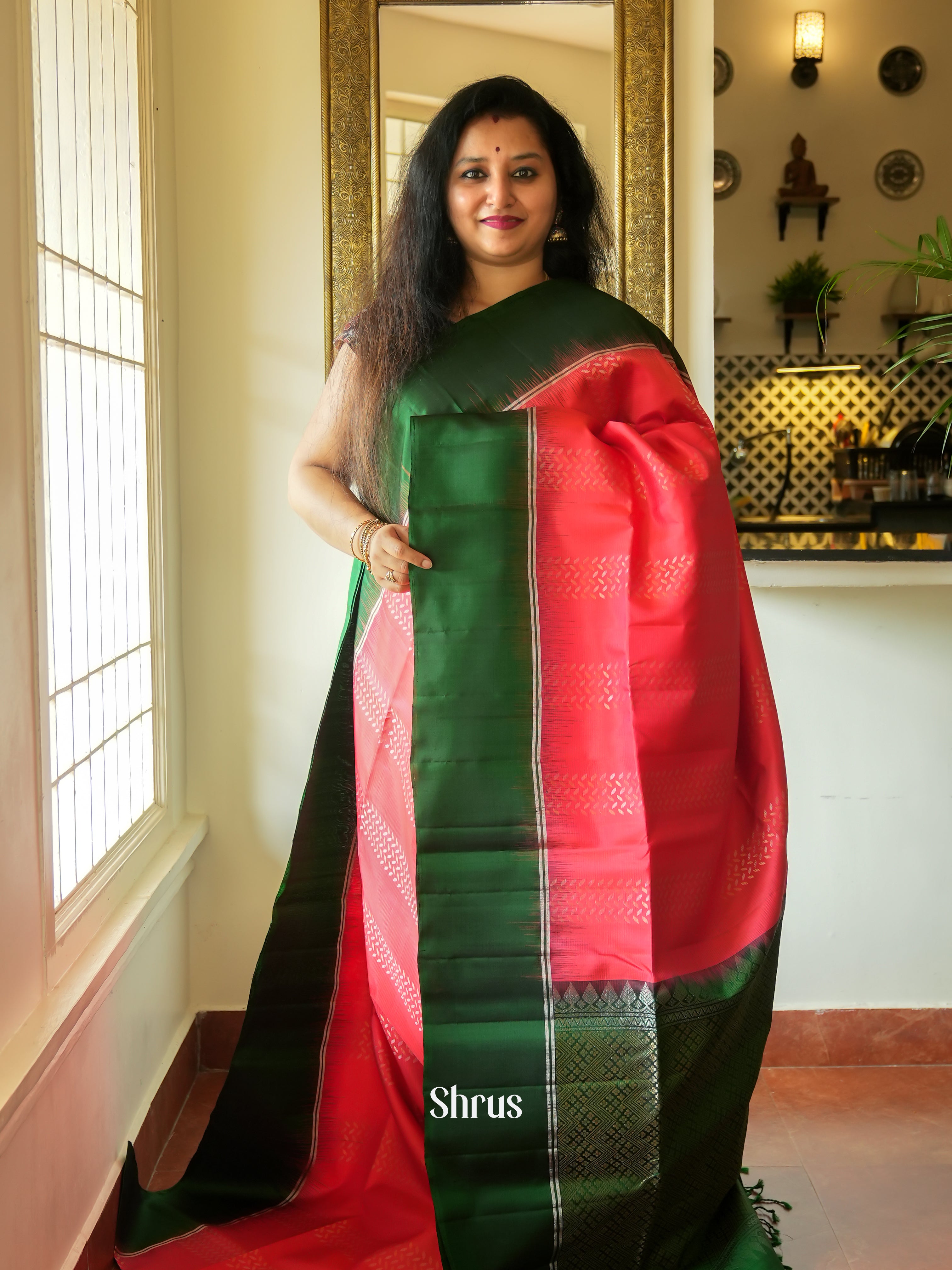 Pink & Green - Soft Silk Saree - Shop on ShrusEternity.com