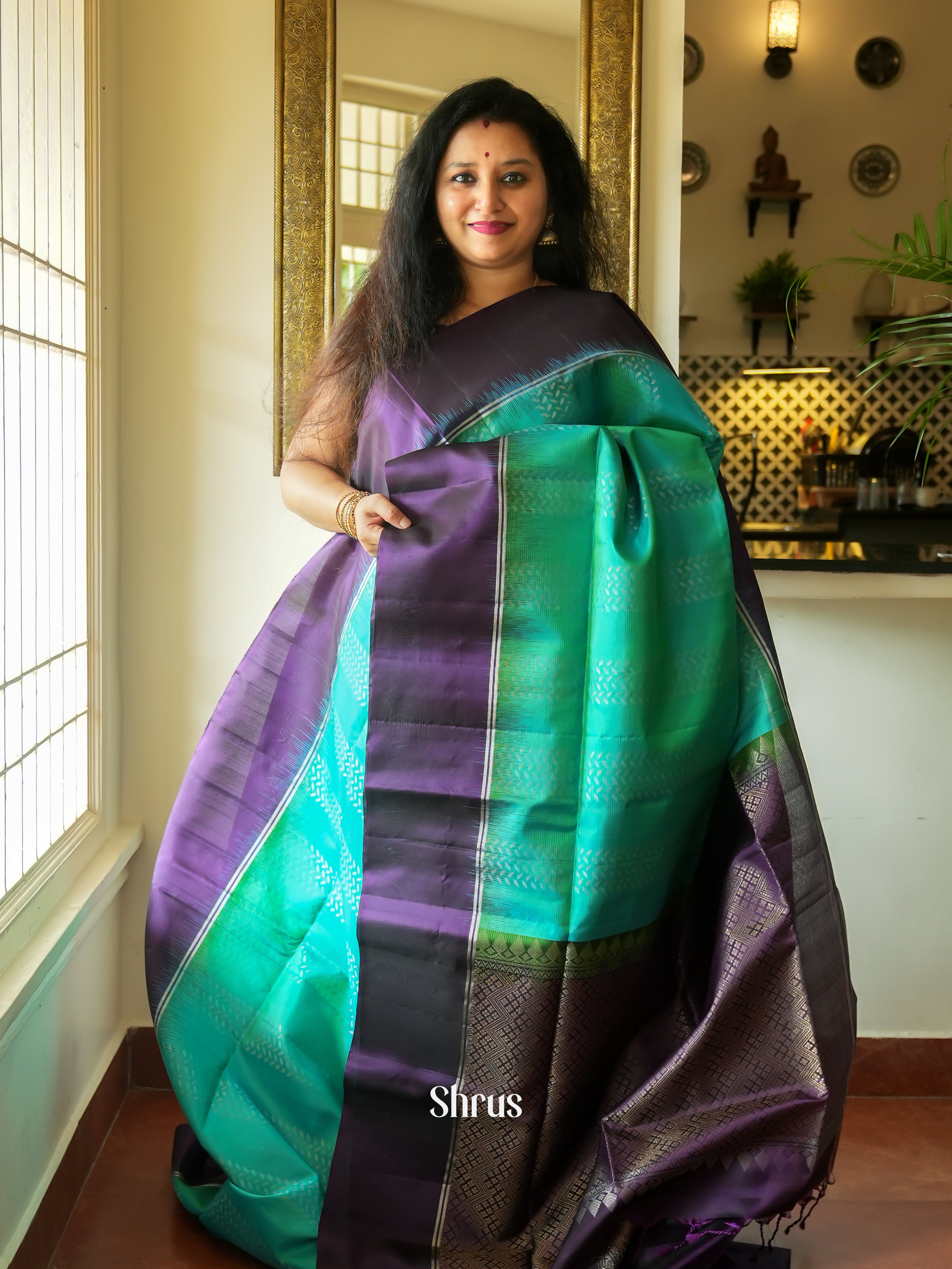 Green & Violet - Soft Silk Saree - Shop on ShrusEternity.com
