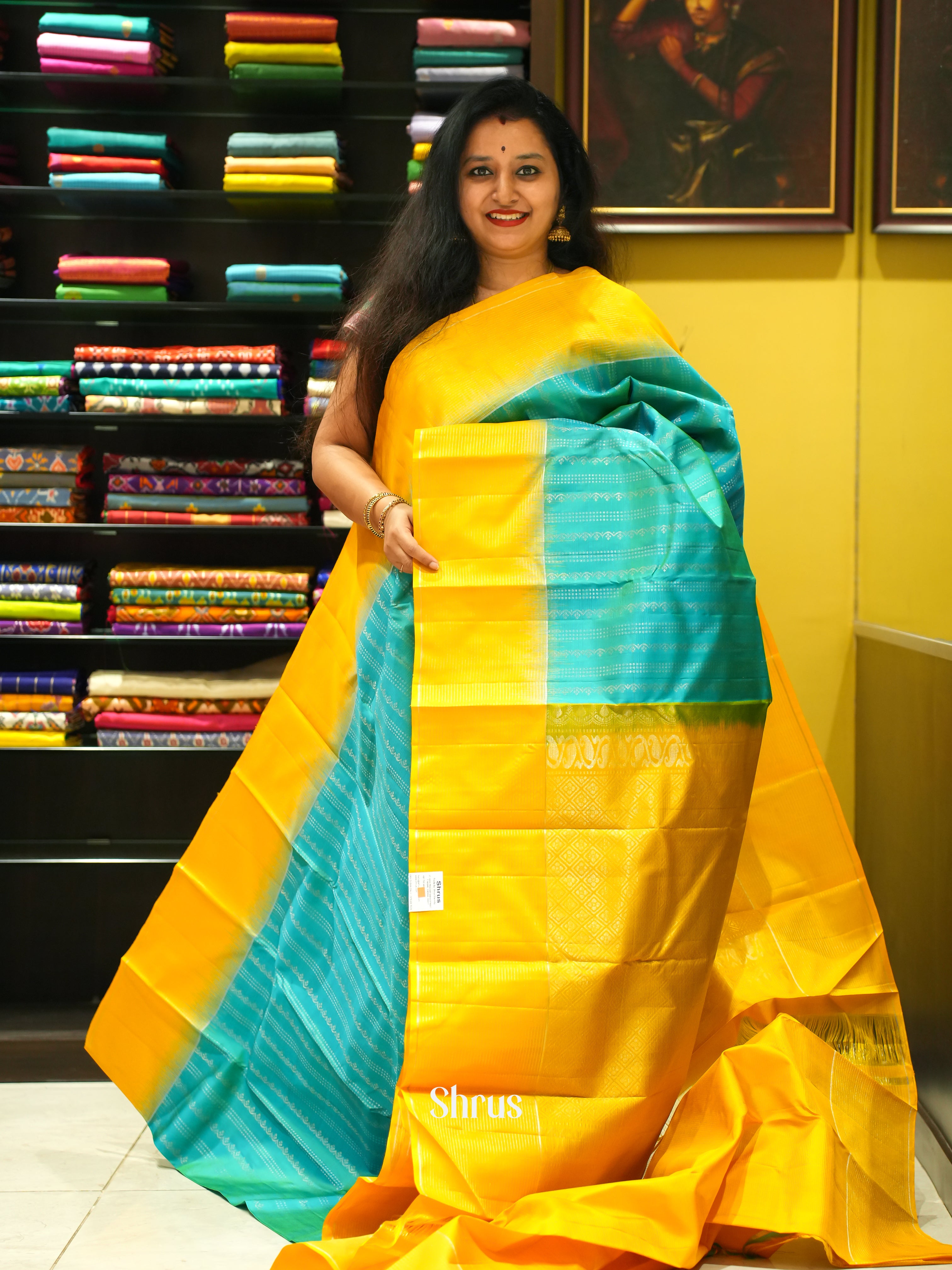 Teal Blue & Yellow- Soft Silk Saree - Shop on ShrusEternity.com
