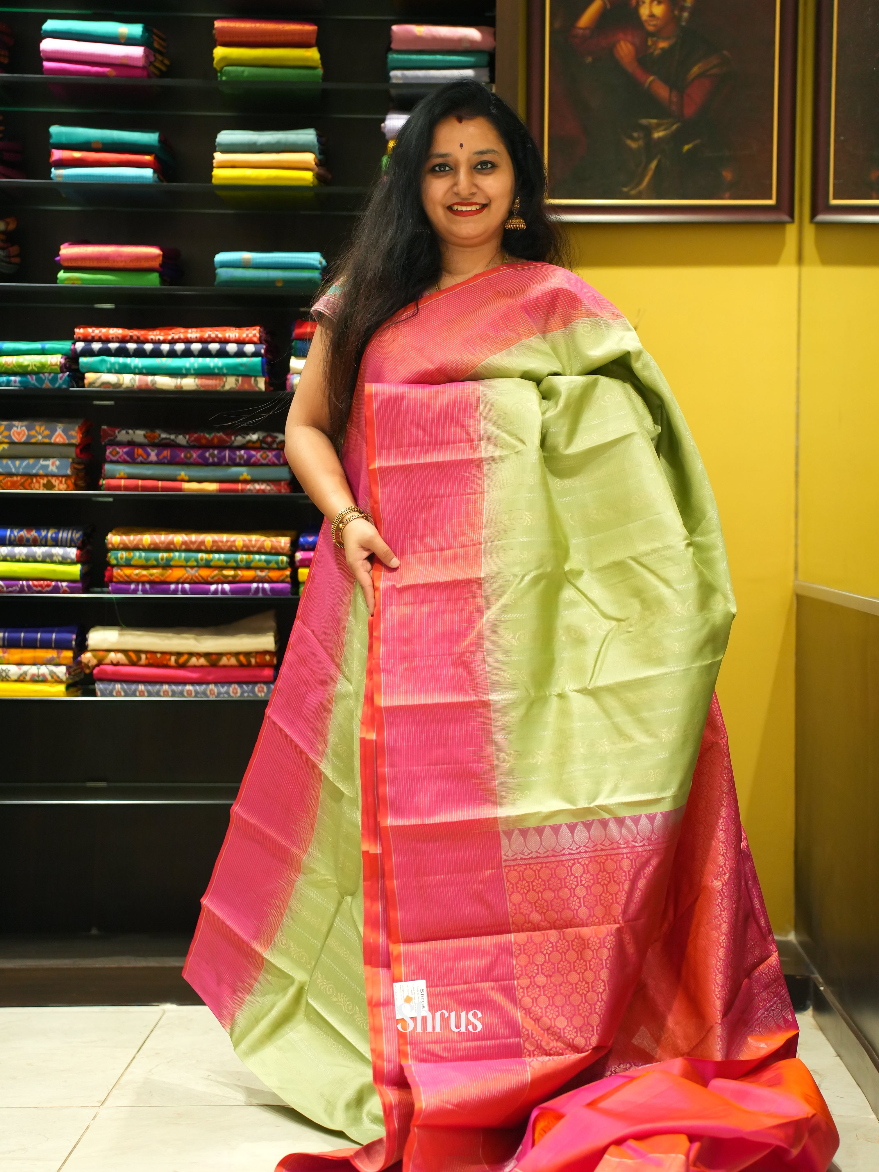 Pista Green & Orangish Pink - Soft Silk Saree - Shop on ShrusEternity.com