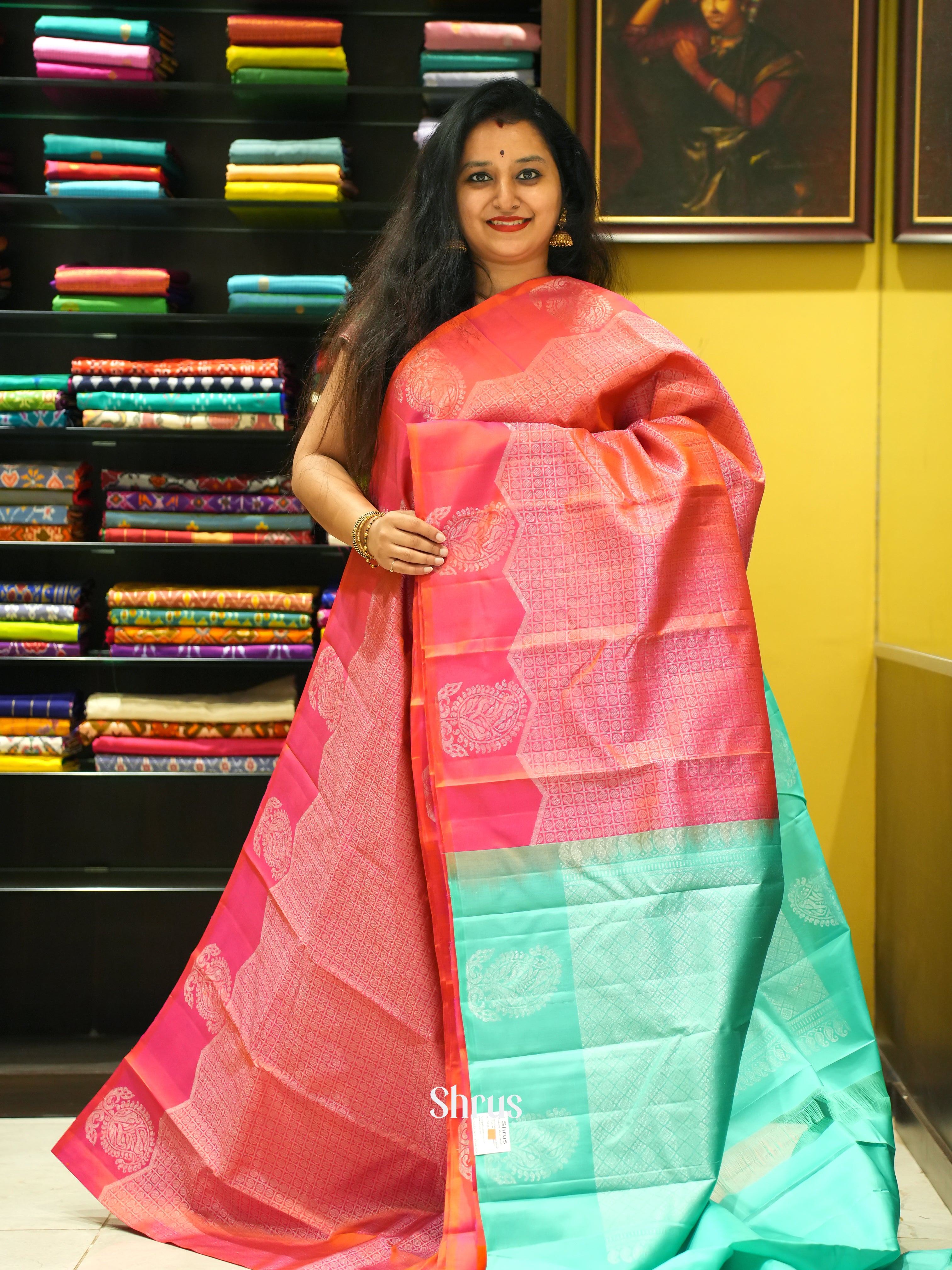 Red & Teal - Soft Silk Saree - Shop on ShrusEternity.com