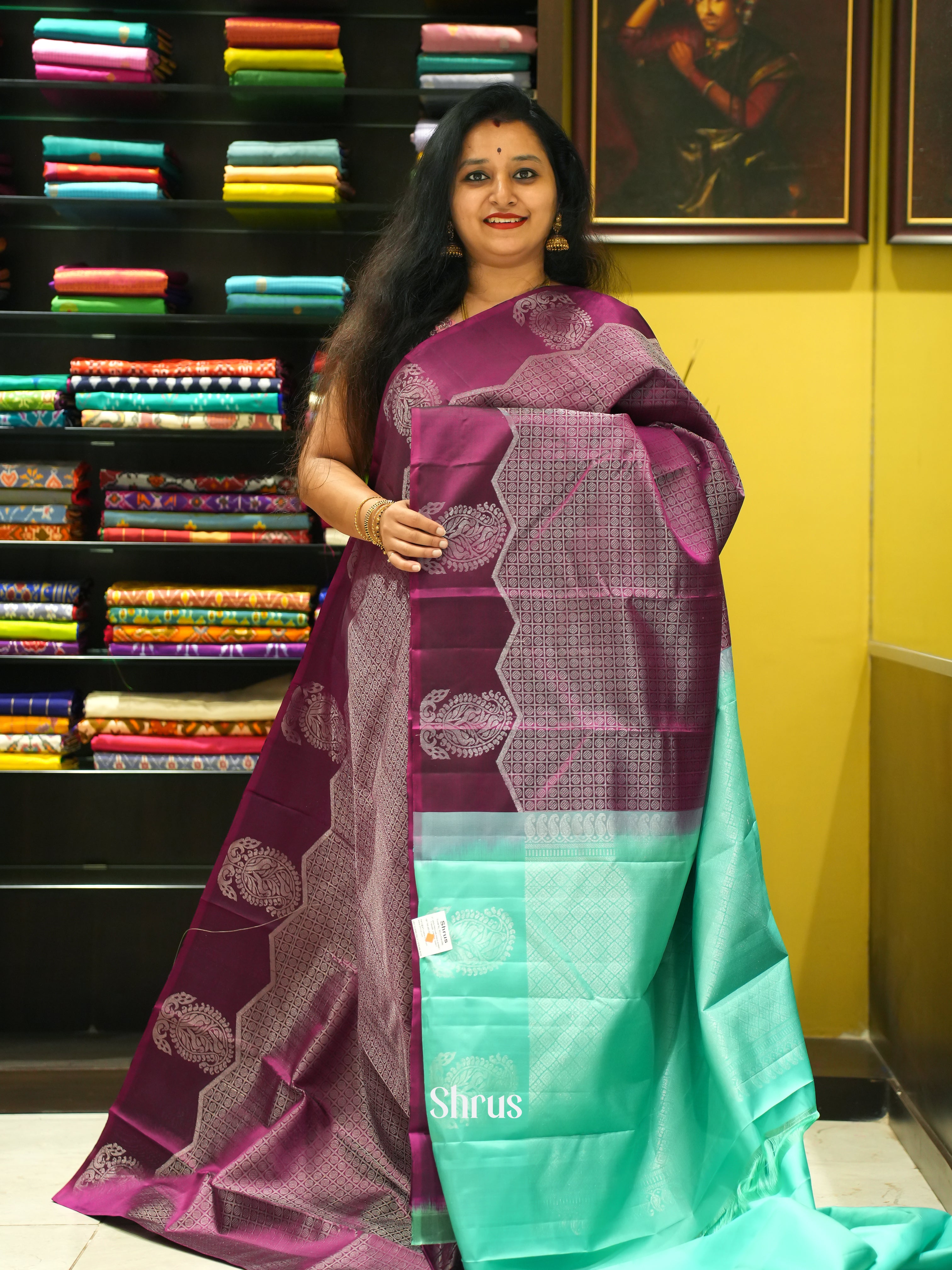 Wine & Teal Green- Soft Silk Saree - Shop on ShrusEternity.com