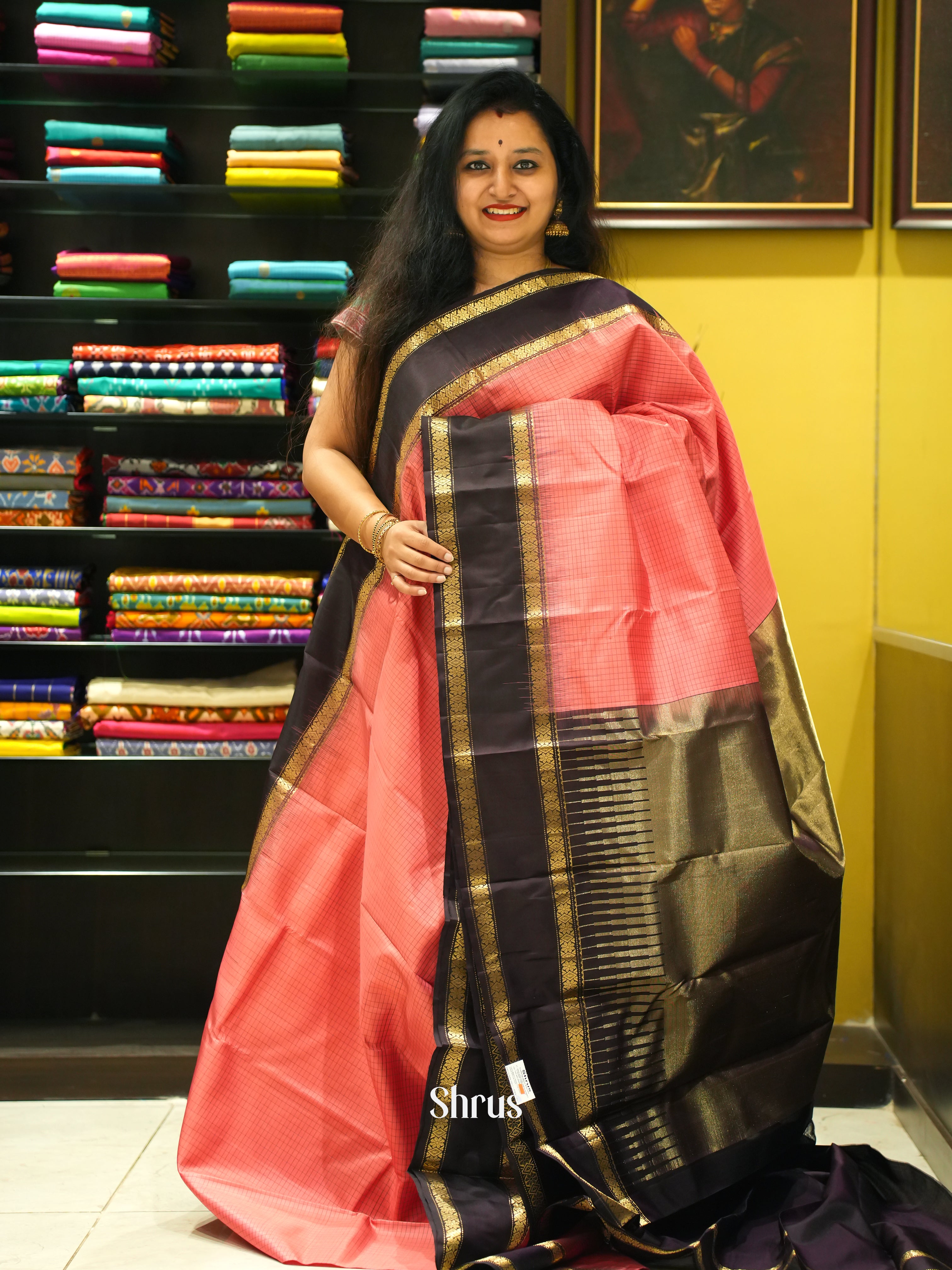 Peachish Pink & Brown- Soft Silk Saree - Shop on ShrusEternity.com