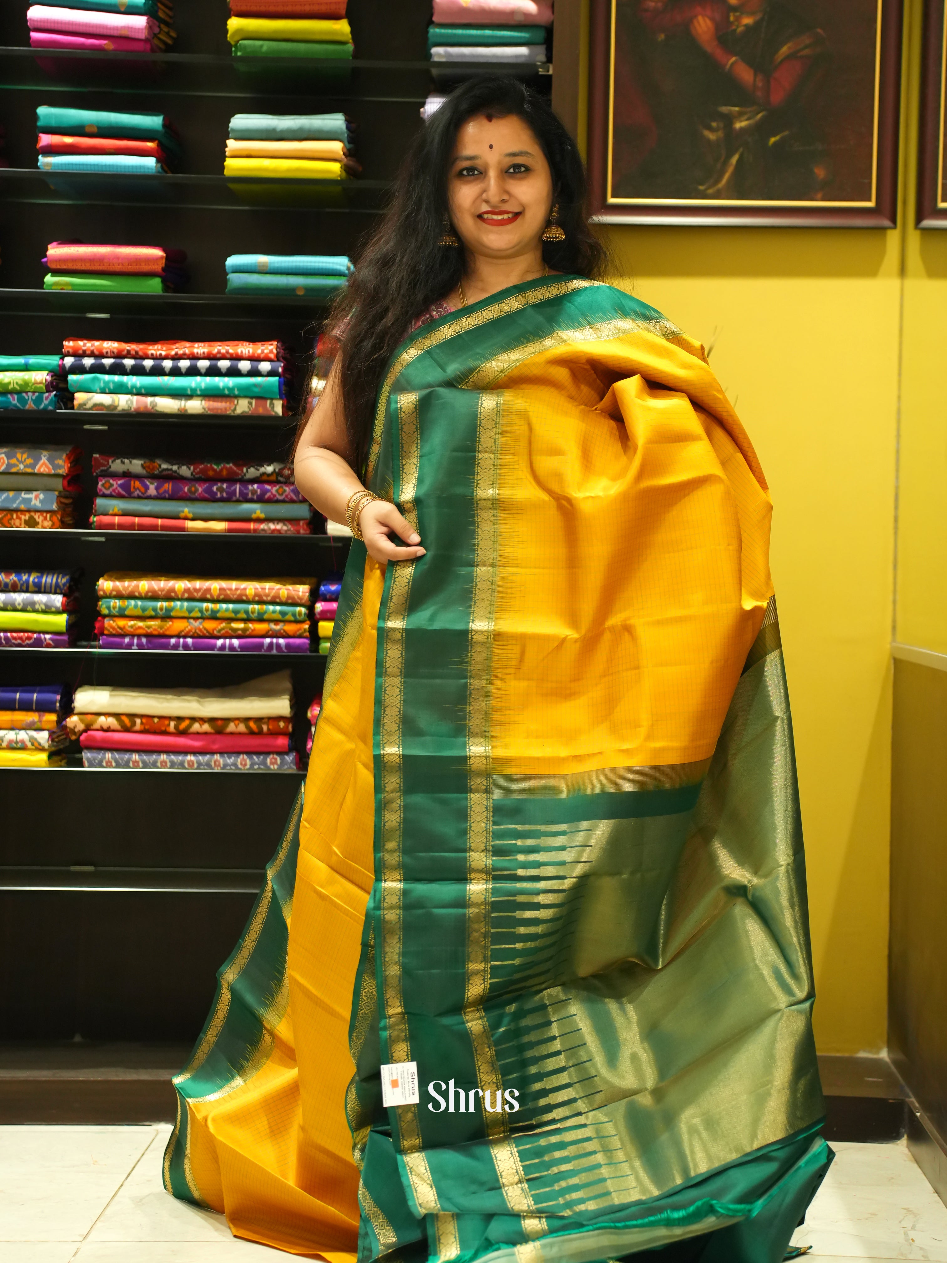 Yellow & Green - Soft Silk Saree - Shop on ShrusEternity.com