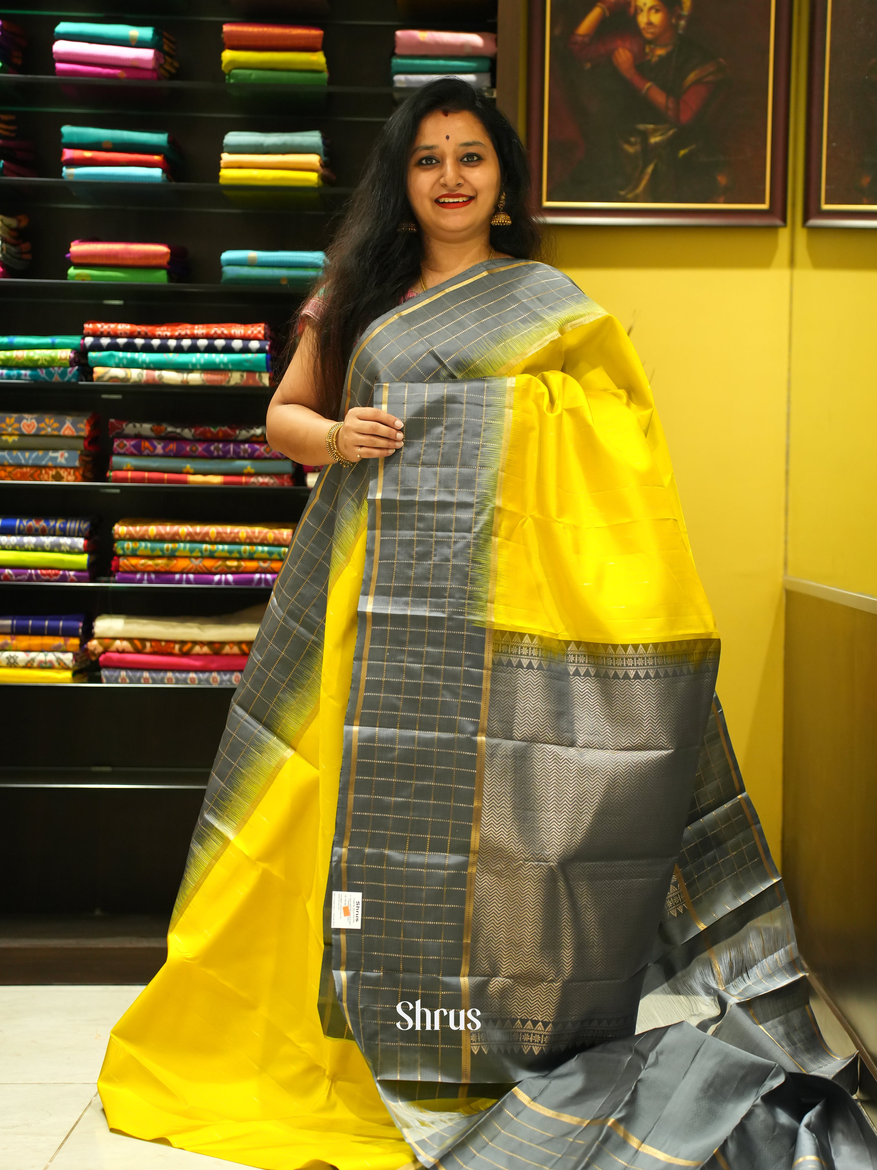 Yellow & Grey - Soft Silk Saree - Shop on ShrusEternity.com