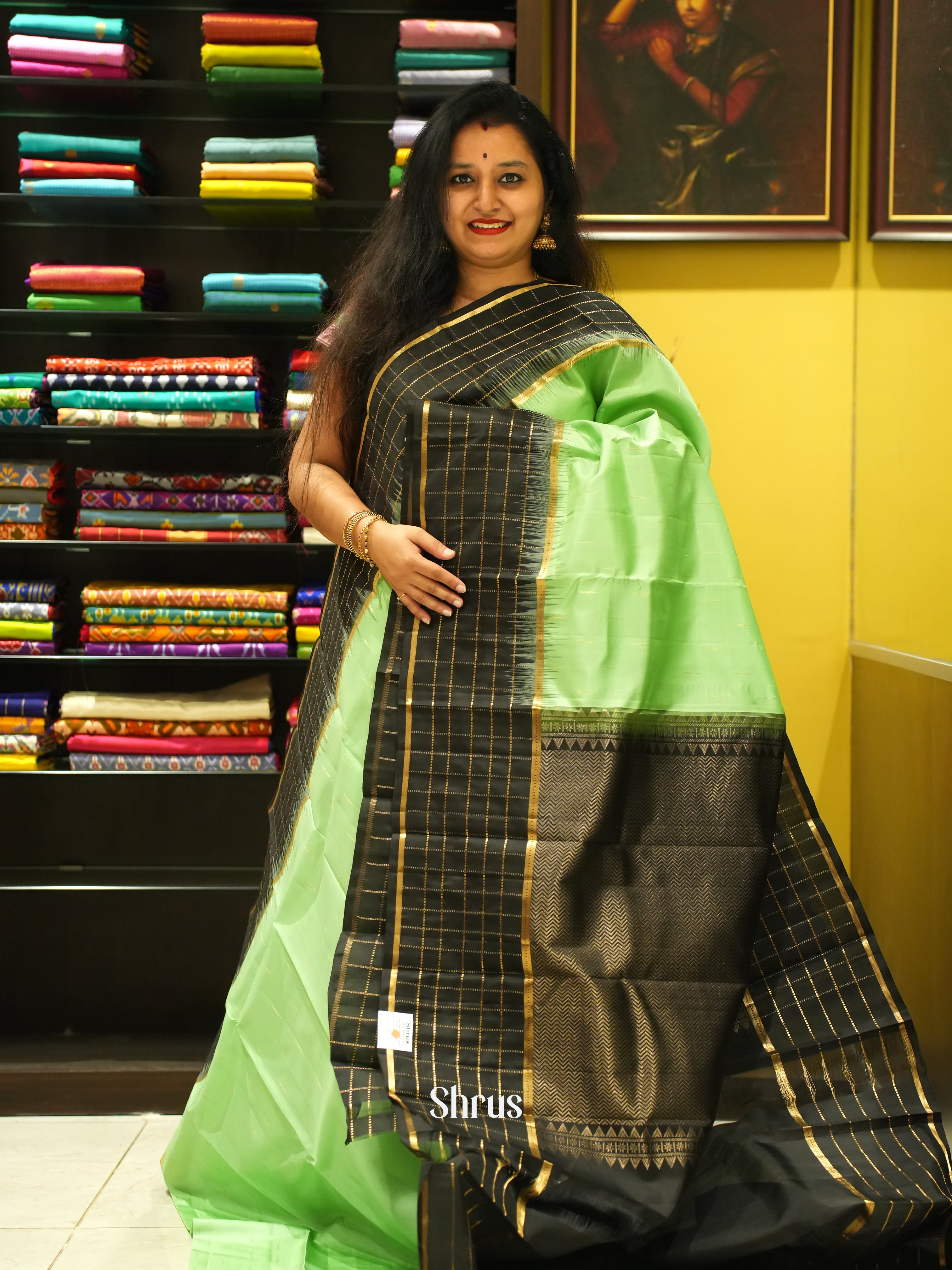 Pista Green & Black - Soft Silk Saree - Shop on ShrusEternity.com