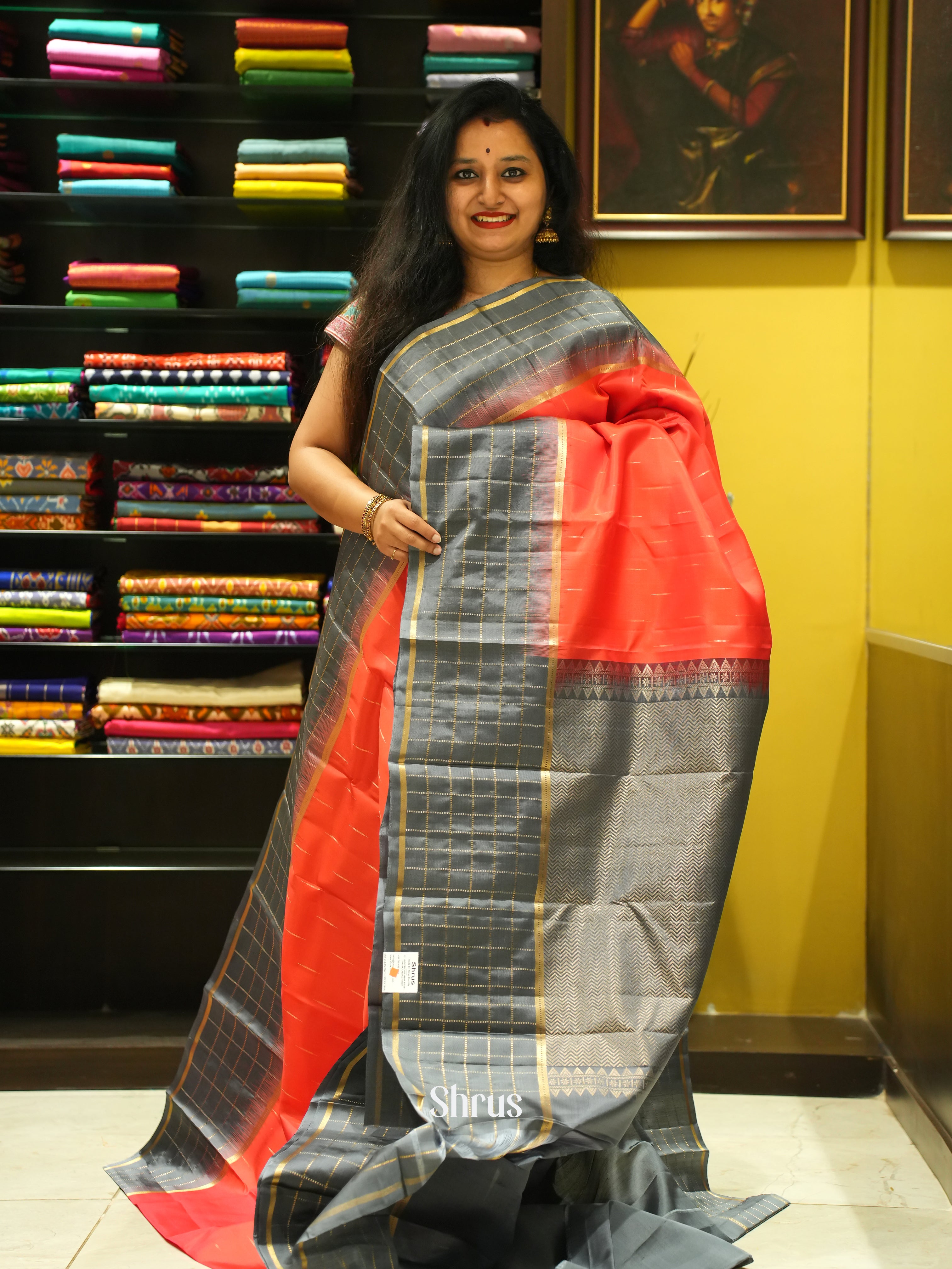 Red & Grey - Soft Silk Saree - Shop on ShrusEternity.com