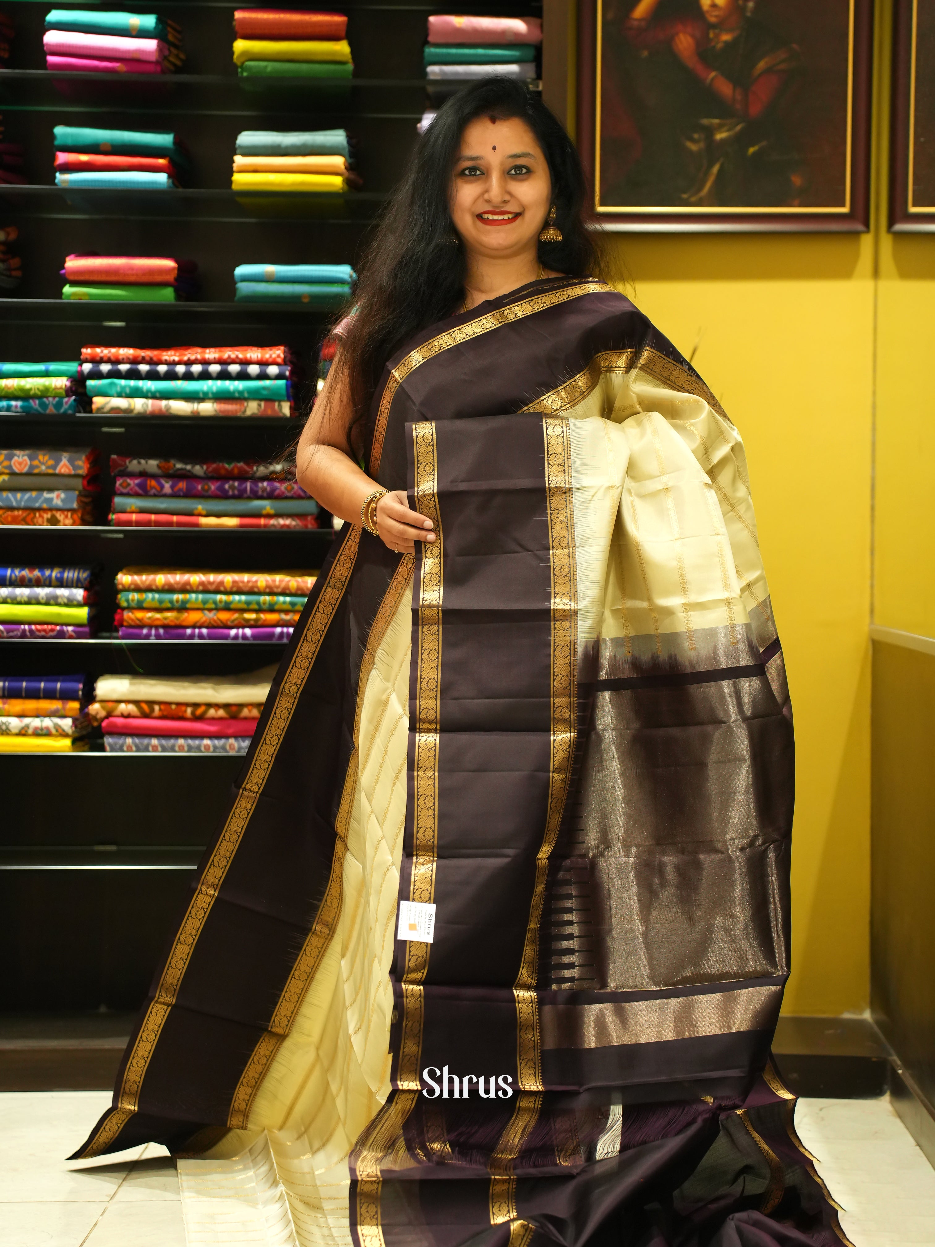 Cream & Brown - Soft Silk Saree - Shop on ShrusEternity.com