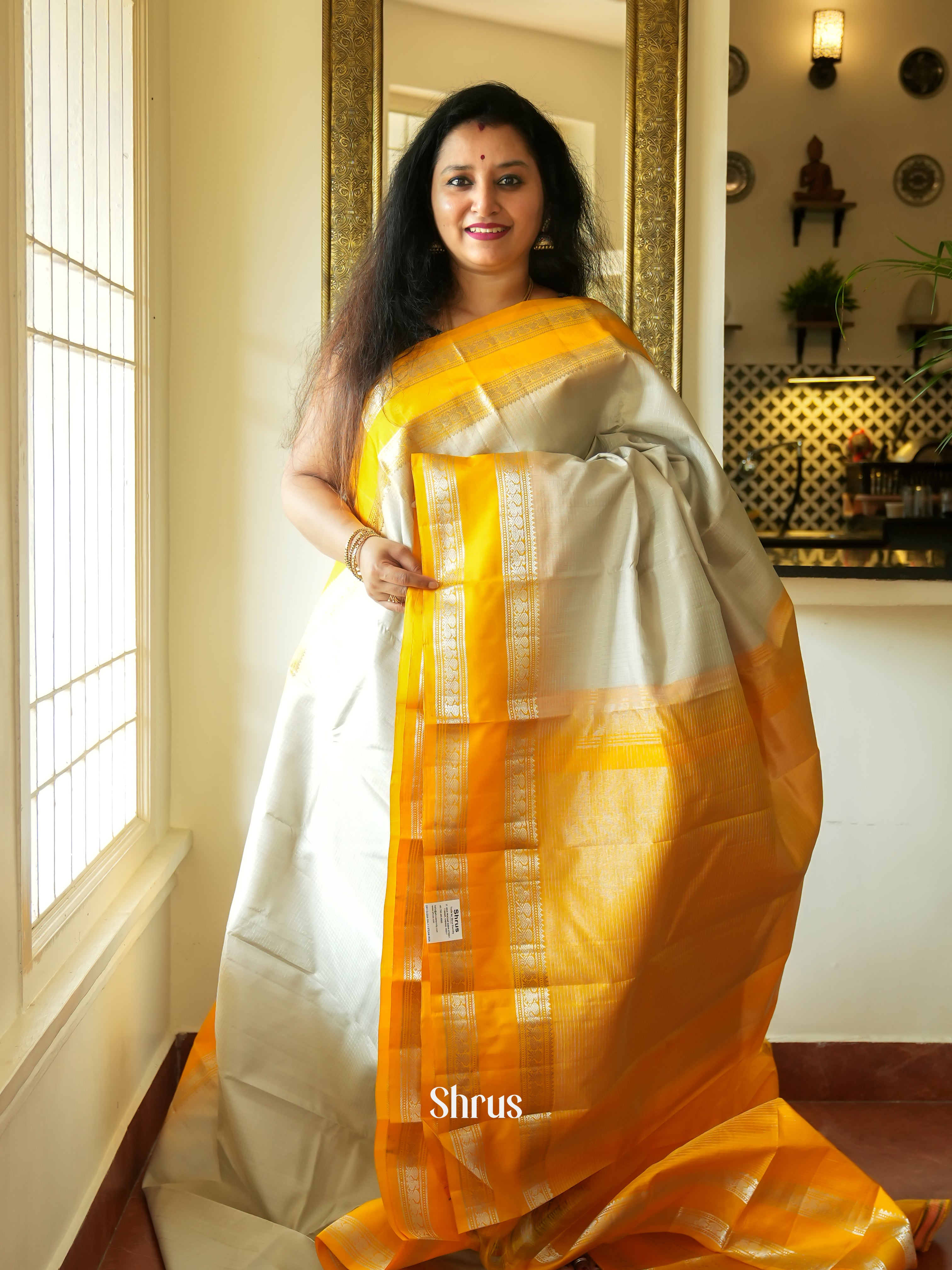 Cream & Mambazha Yellow - Soft Silk Saree - Shop on ShrusEternity.com