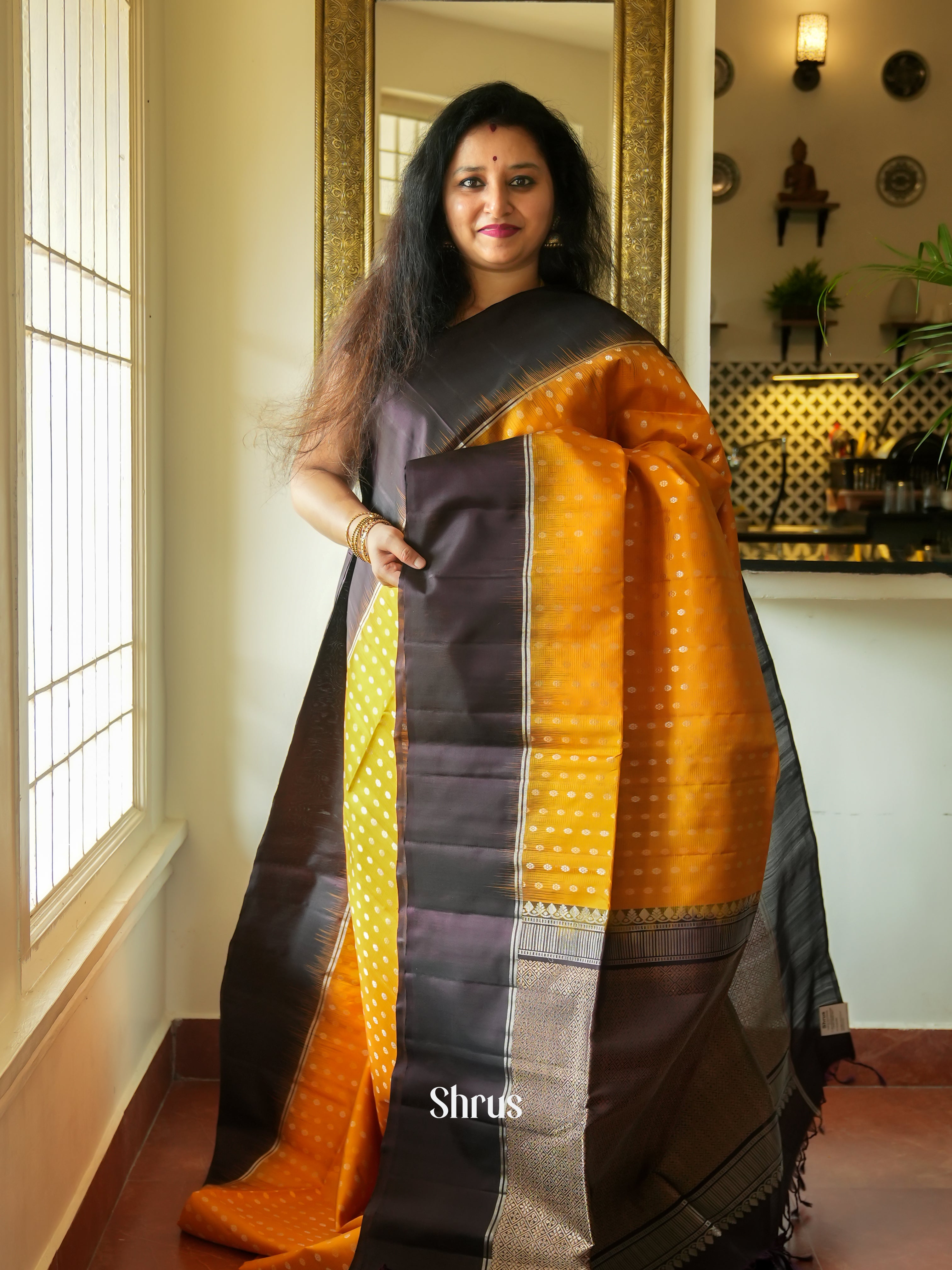 Mustard & Black - Soft Silk Saree - Shop on ShrusEternity.com