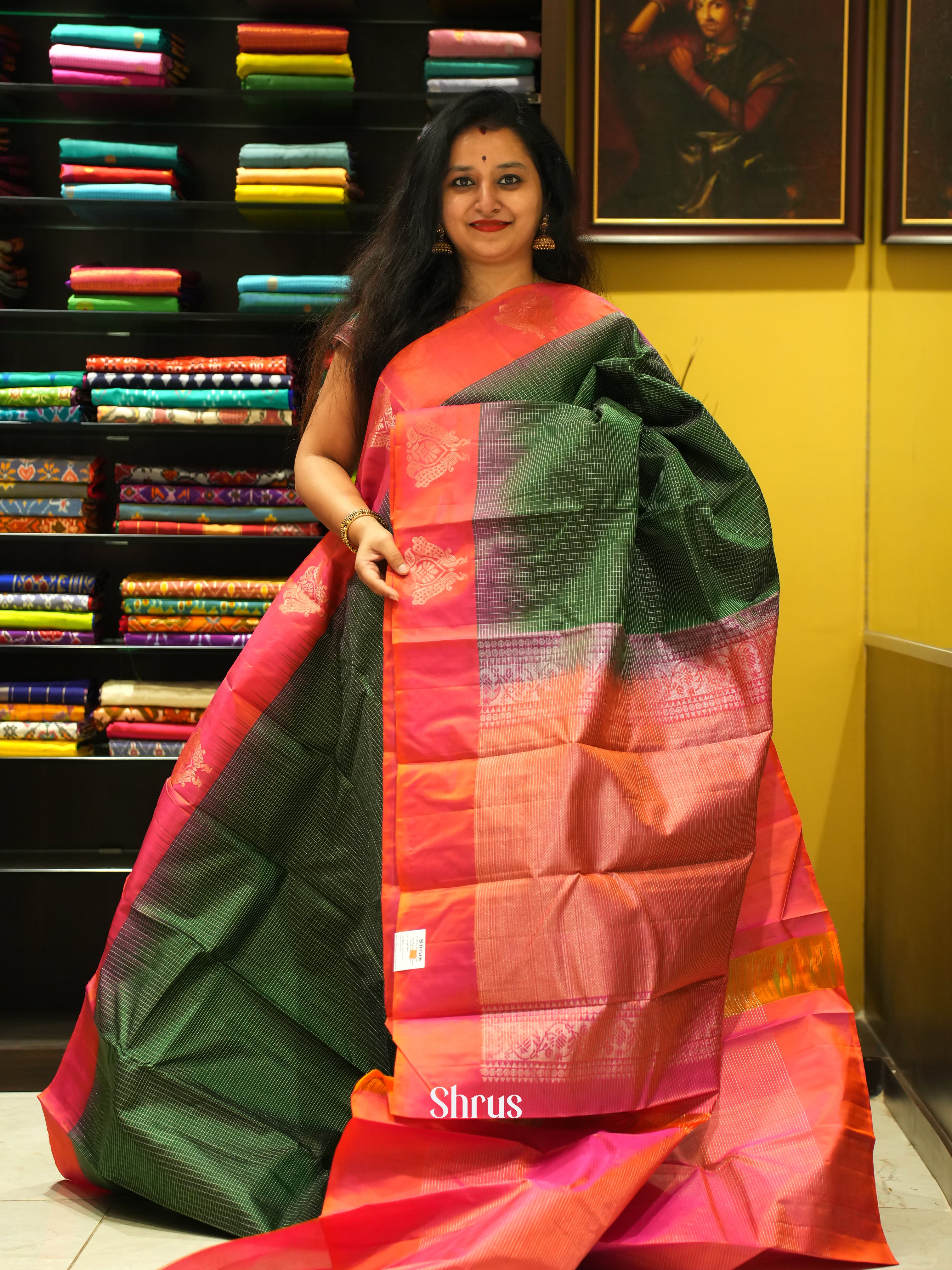 Green & Orangish Pink - Soft Silk Saree - Shop on ShrusEternity.com
