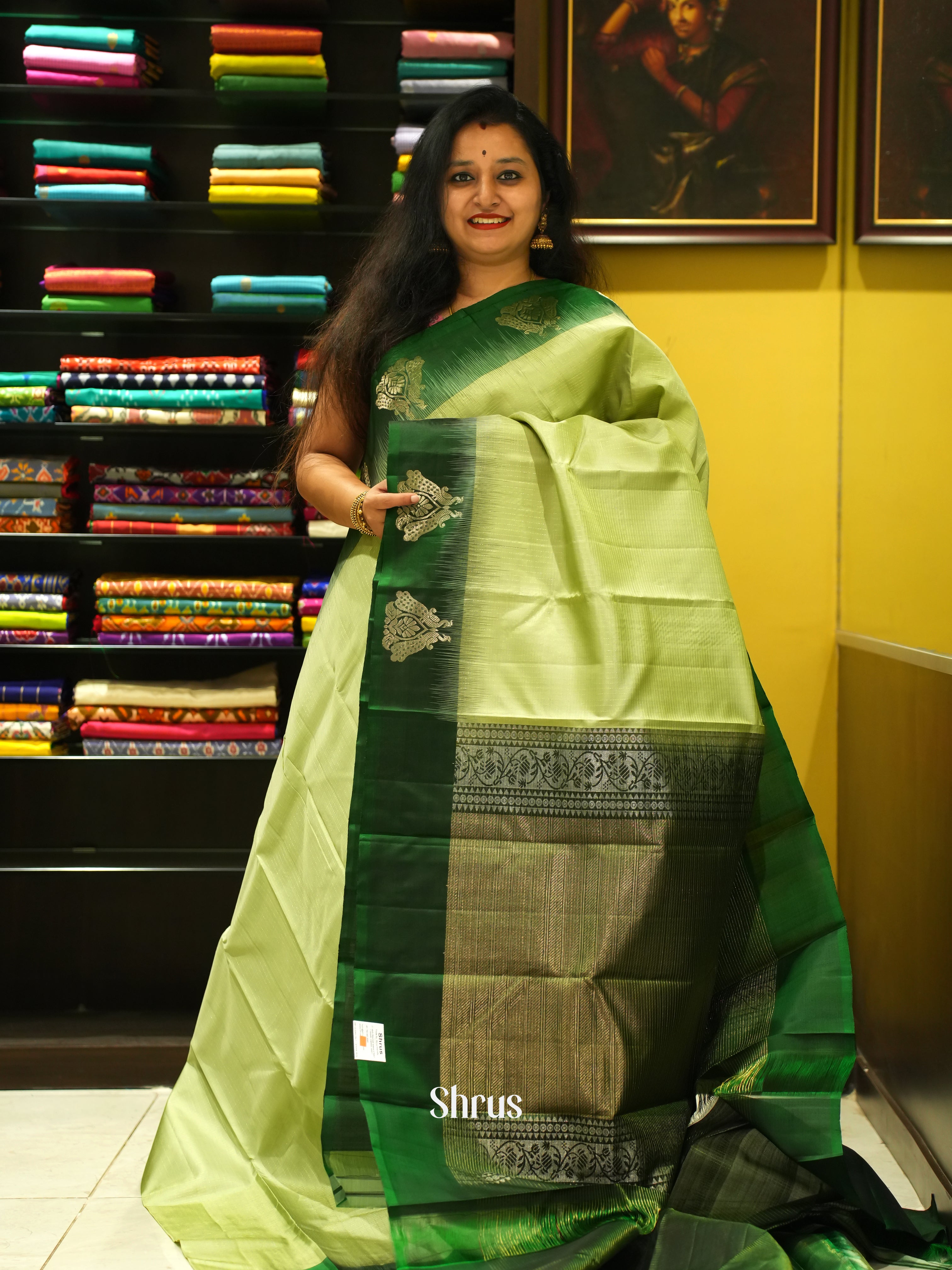 Light Green & Green - Soft Silk Saree - Shop on ShrusEternity.com