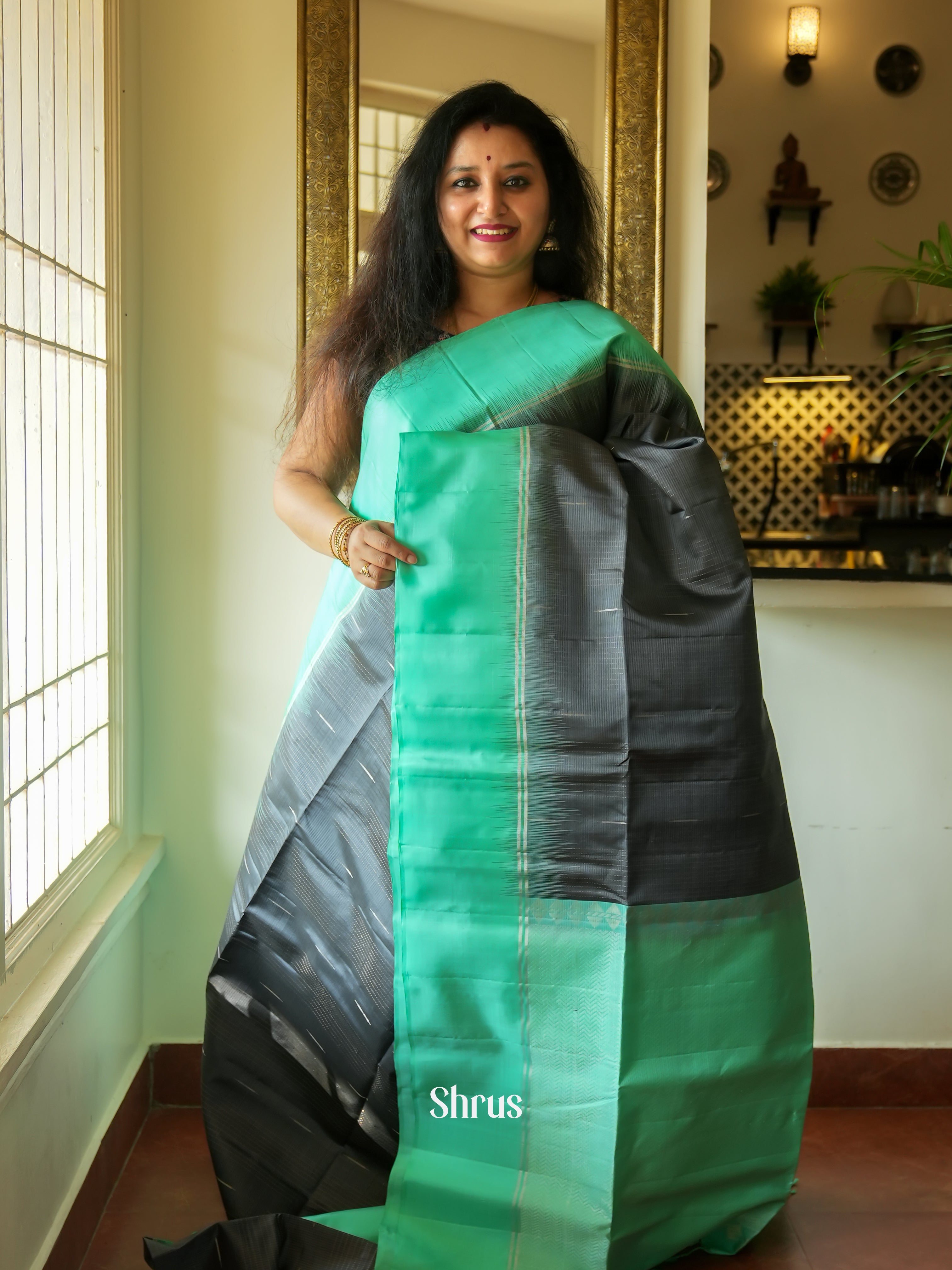 Grey & Green - Soft Silk Saree - Shop on ShrusEternity.com