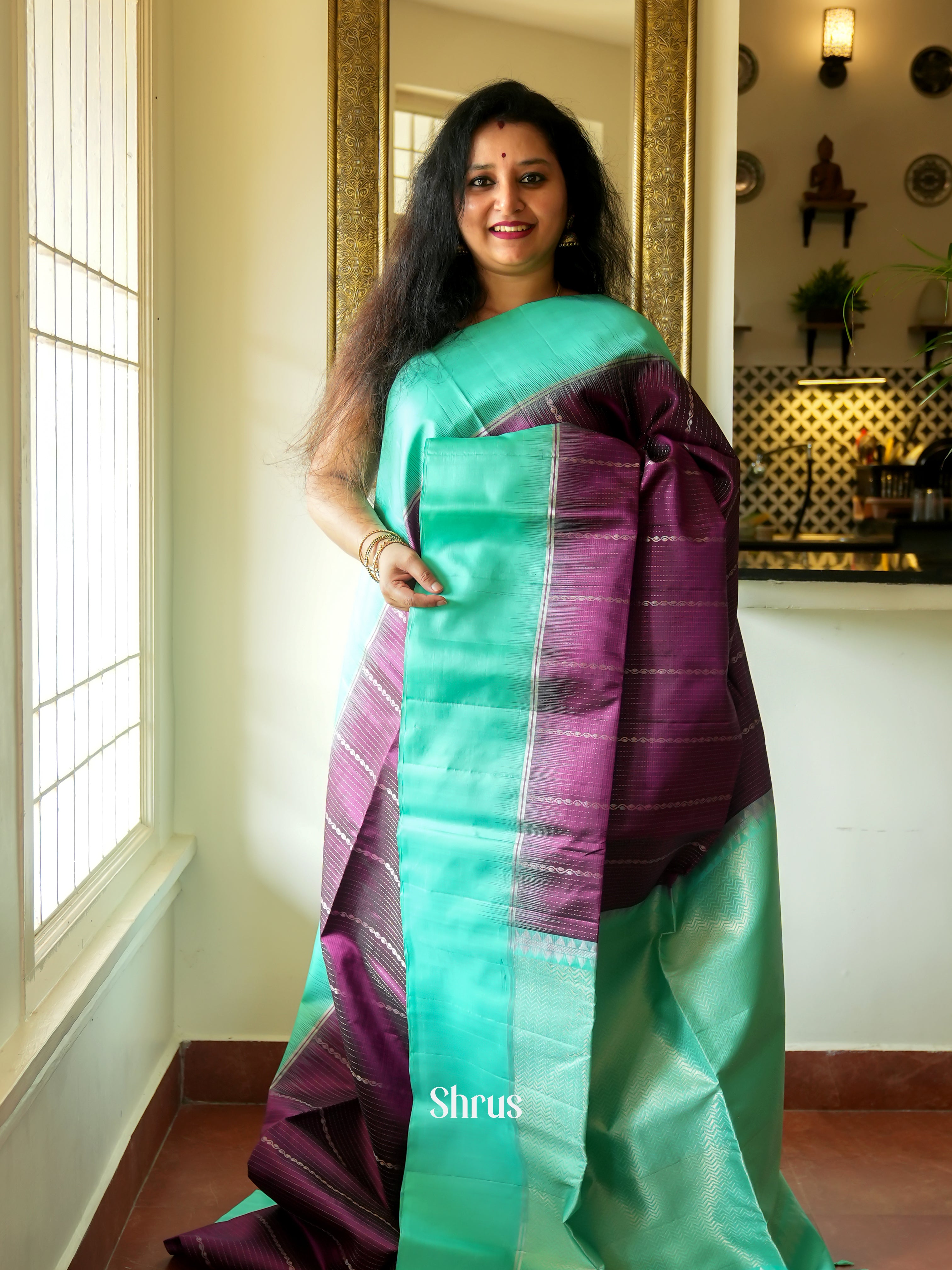 Violet & Green- Soft Silk Saree - Shop on ShrusEternity.com