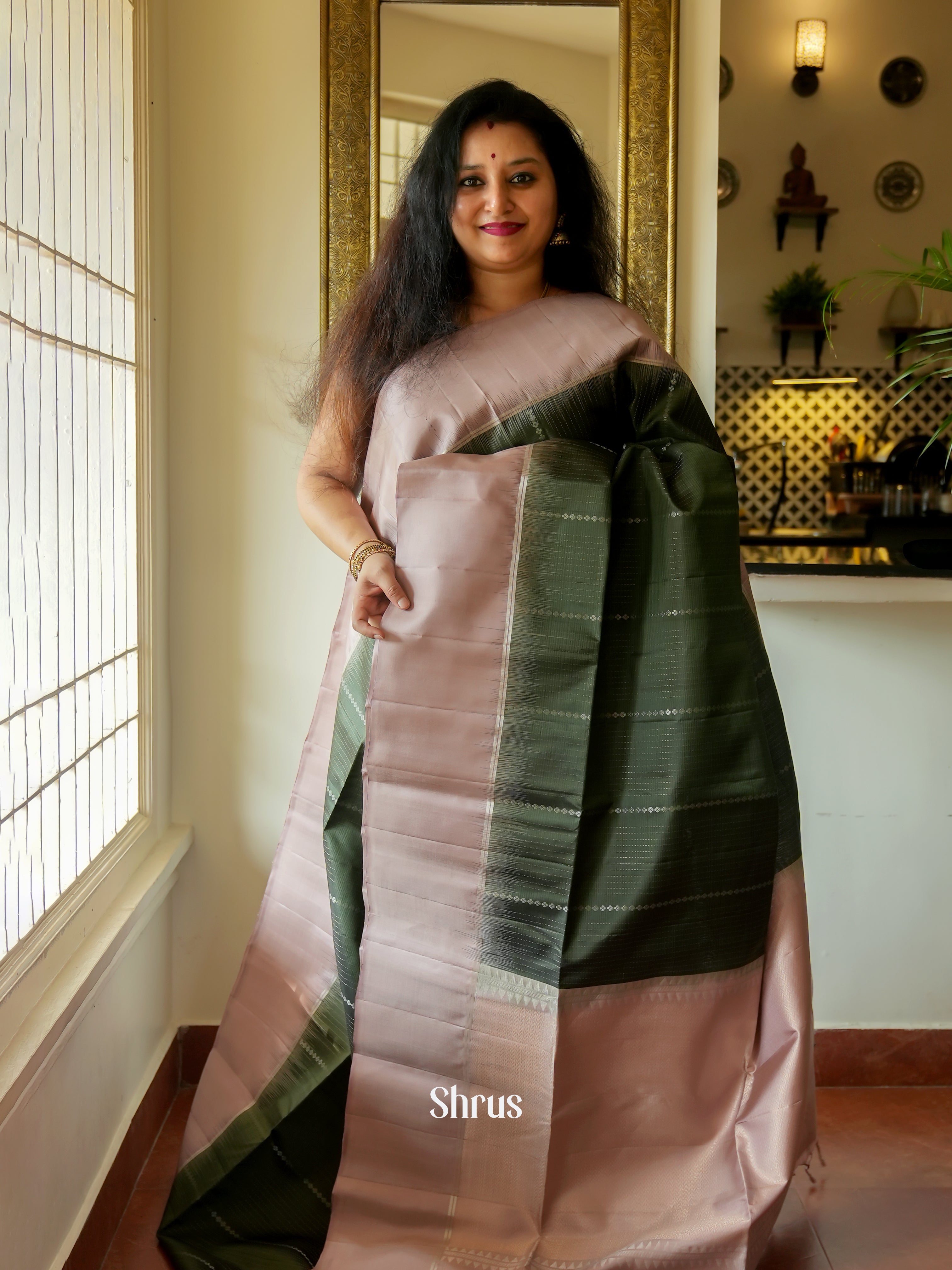 Green & Dusty Pink - Soft Silk Saree - Shop on ShrusEternity.com