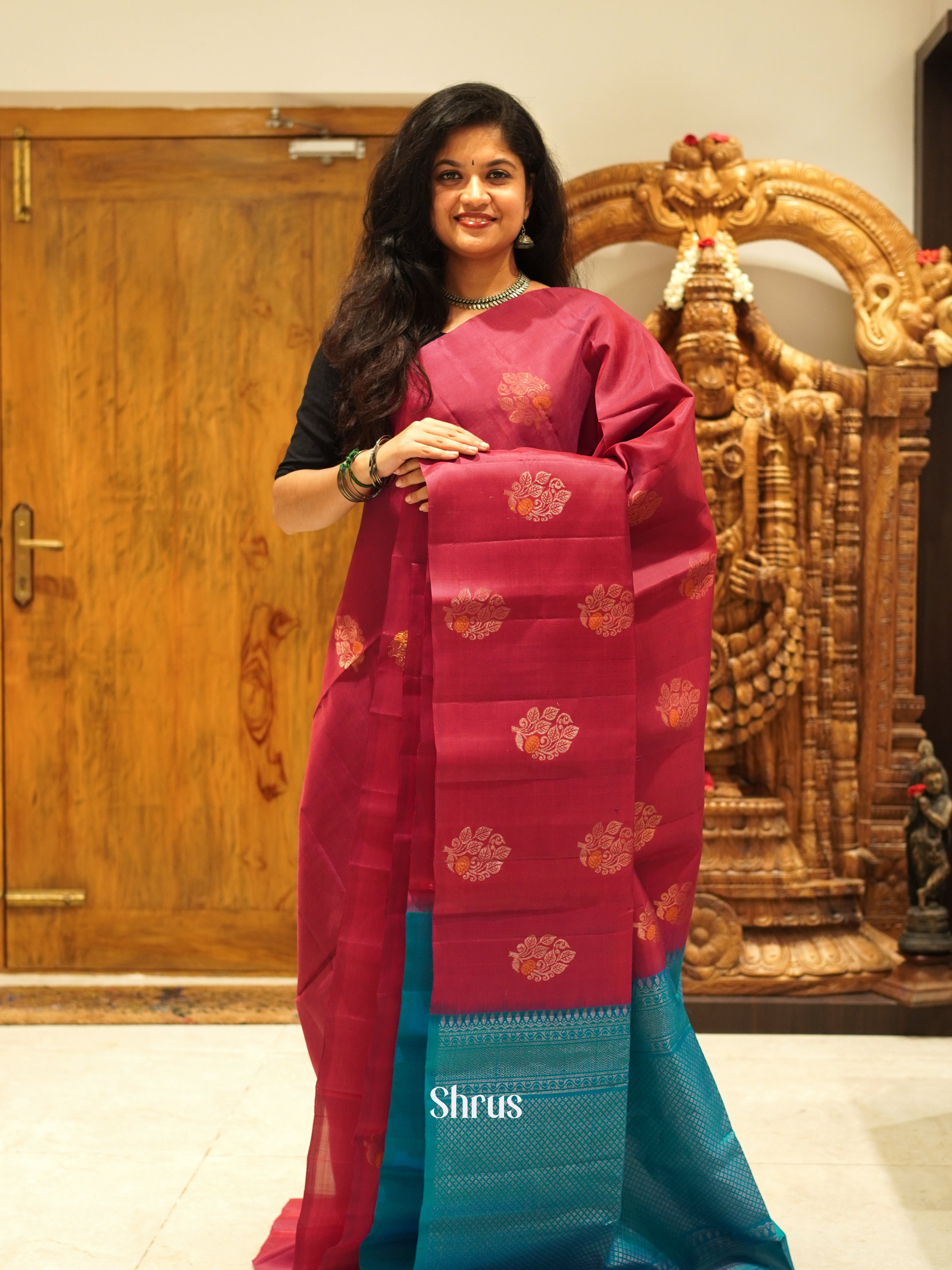 Maroon & Blue - Soft silk-halfpure Saree - Shop on ShrusEternity.com