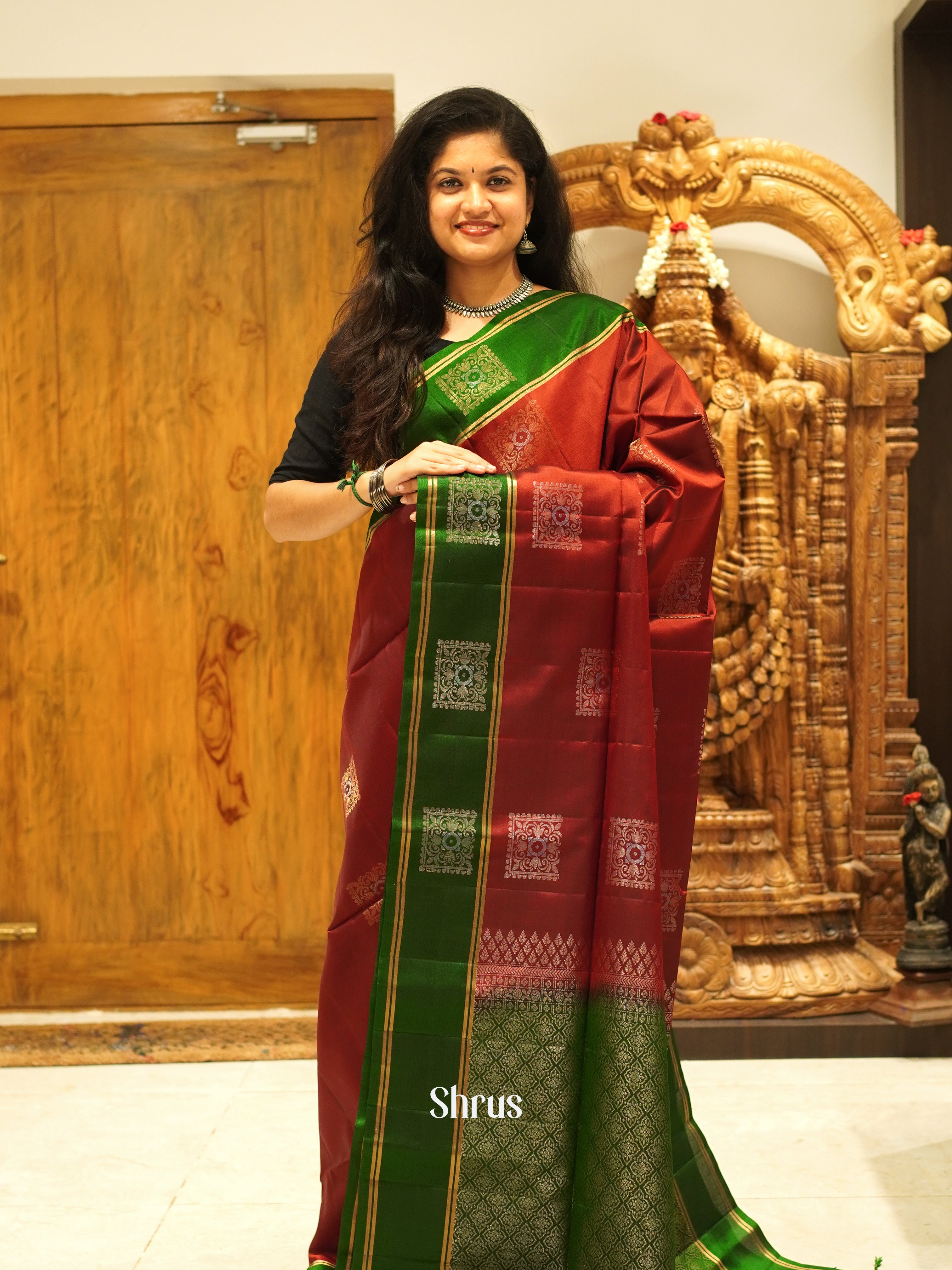 Maroon & Green - Softsilk-halfpure Saree - Shop on ShrusEternity.com