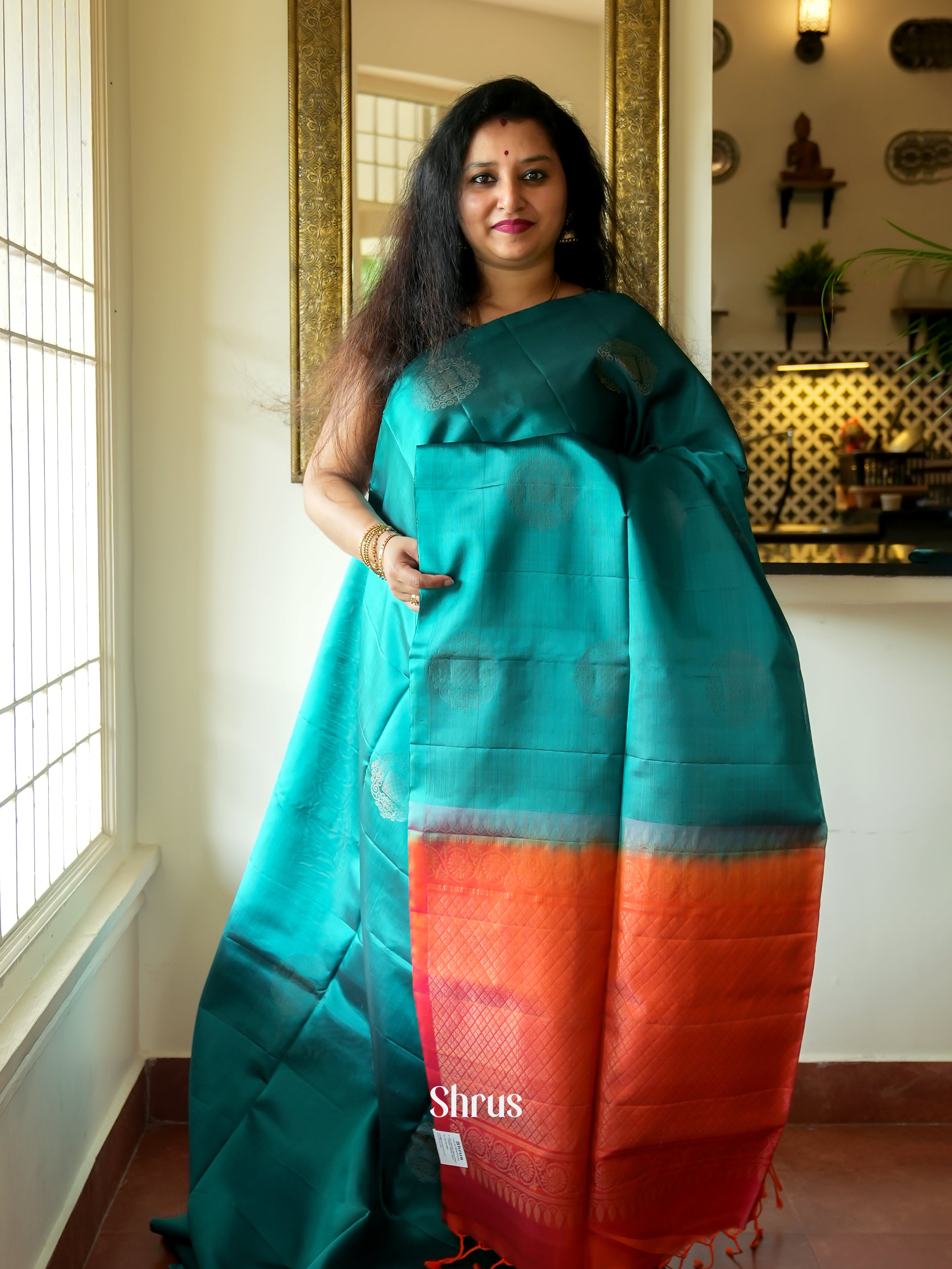 Blue & Orange - Softsilk-halfpure Saree - Shop on ShrusEternity.com