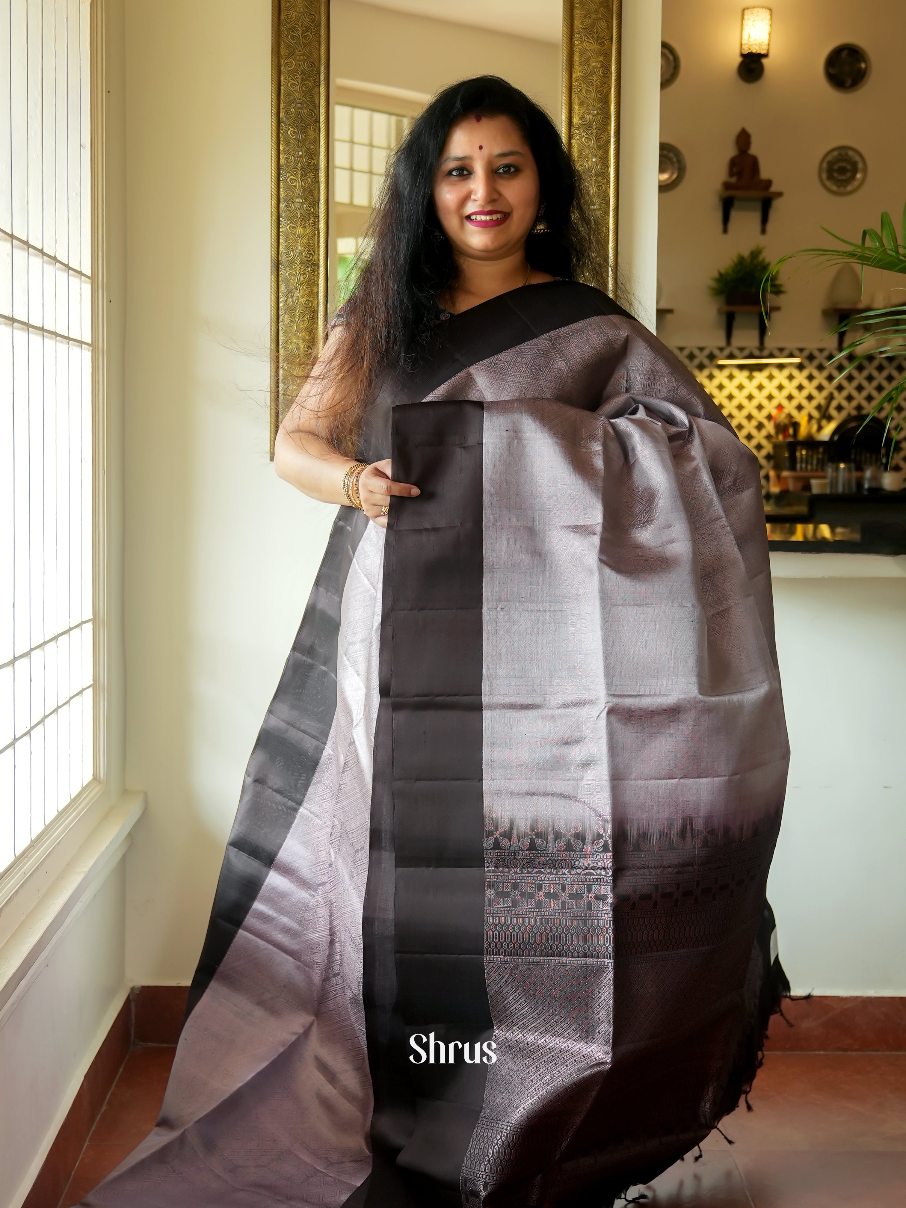 Grey & Black - Soft Silk Saree - Shop on ShrusEternity.com