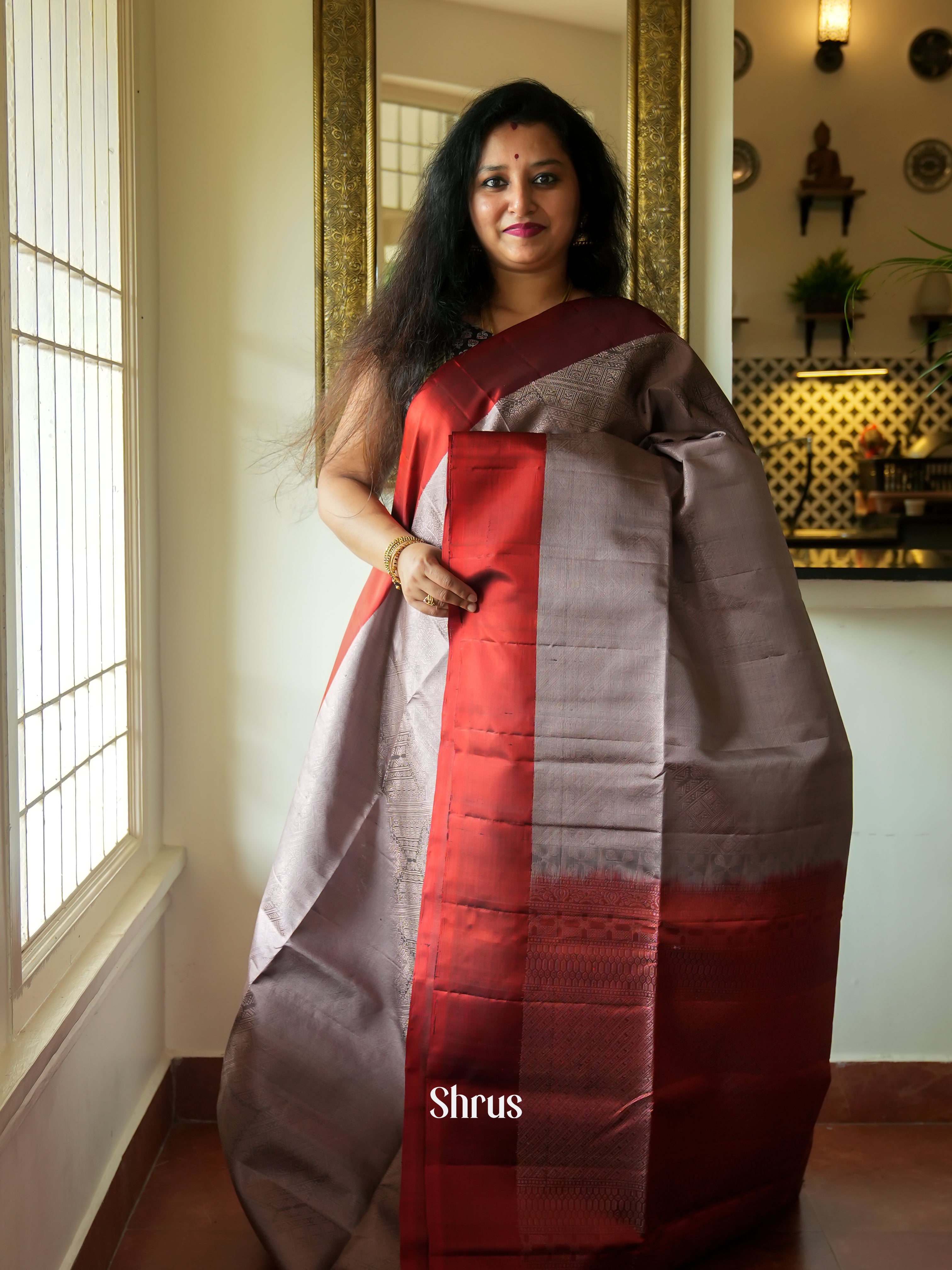Grey & Maroon- Soft Silk Saree - Shop on ShrusEternity.com