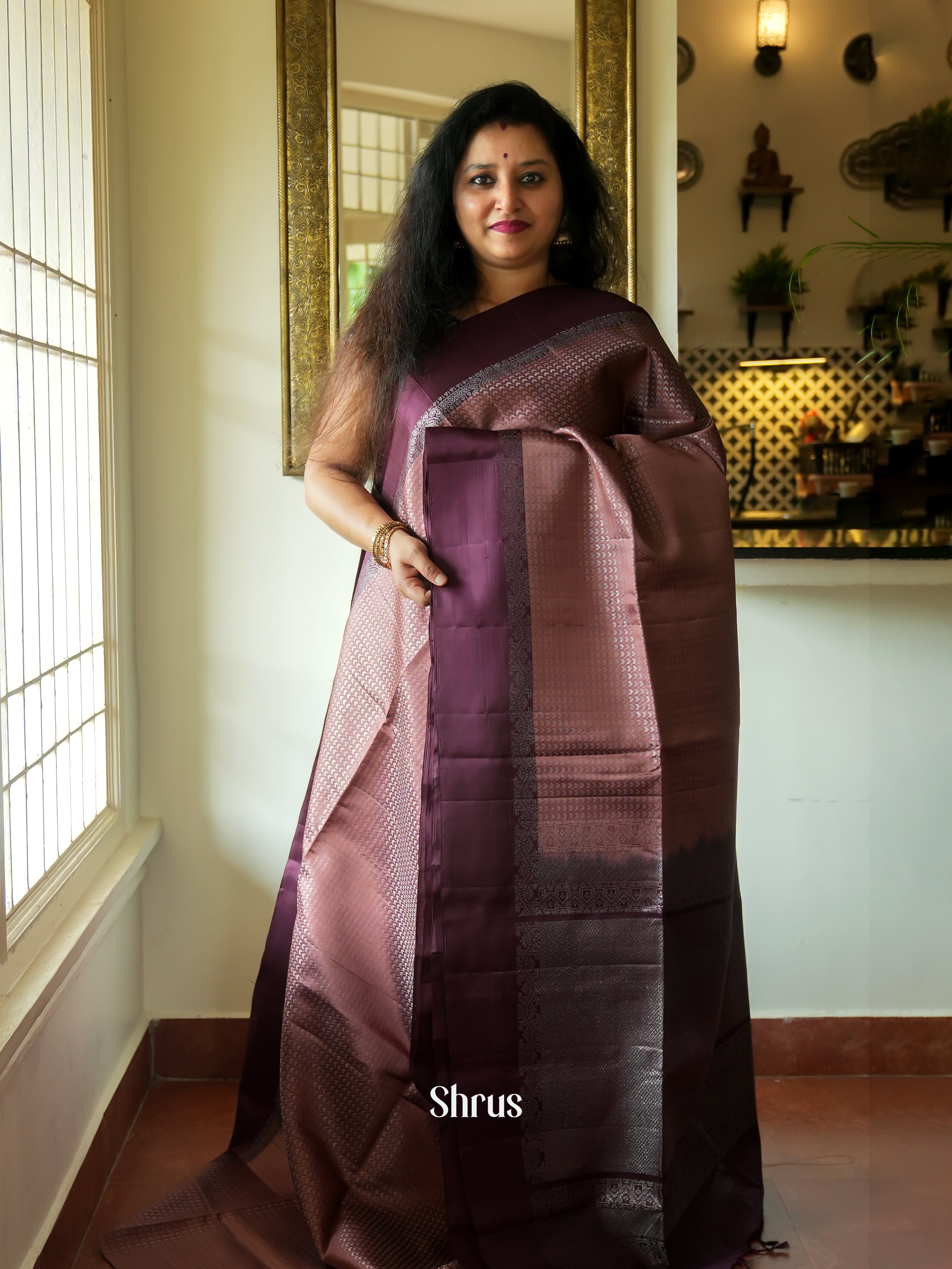 Brown & Wine - Soft Silk Saree - Shop on ShrusEternity.com