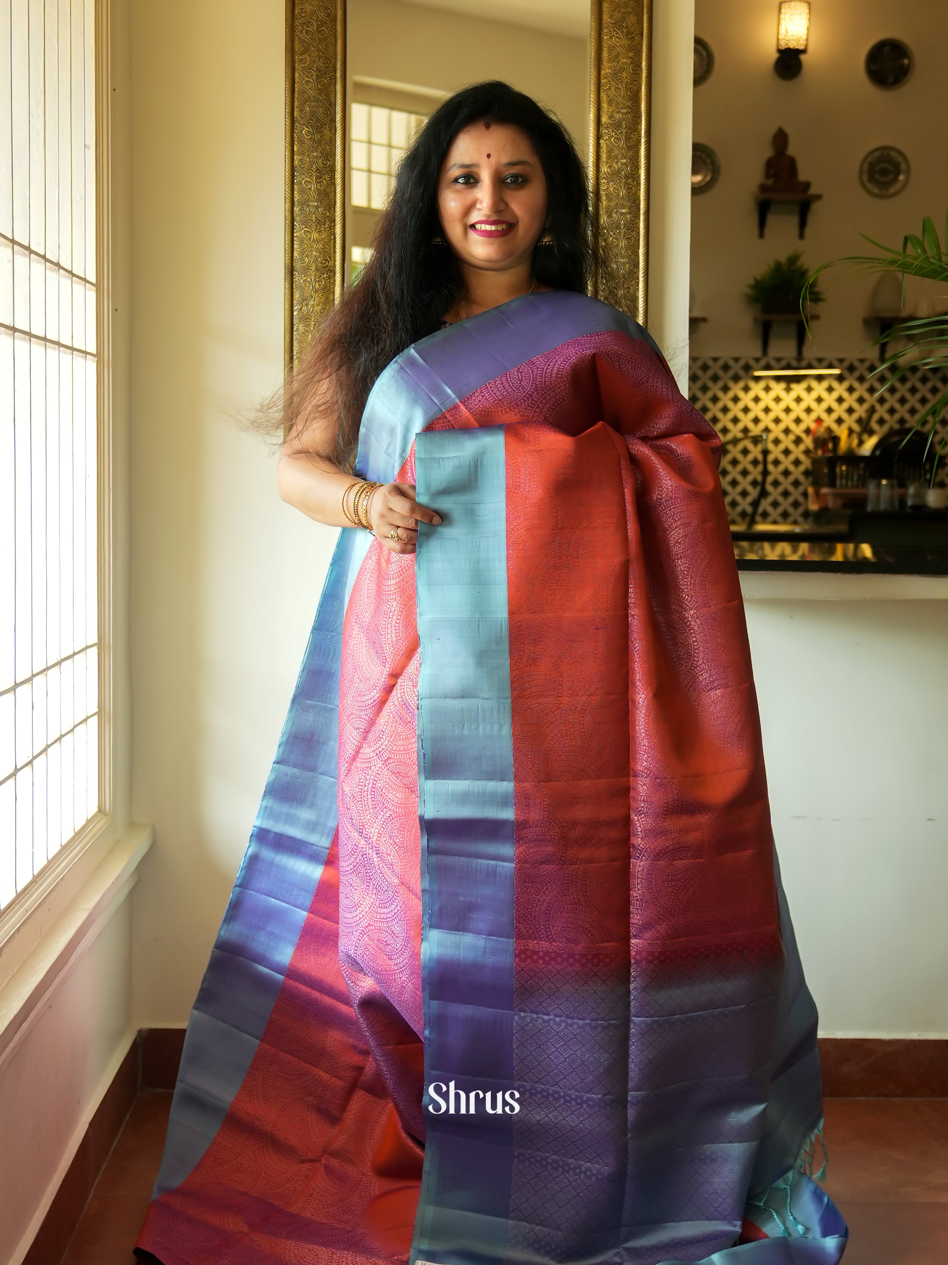 Red & Grey - Soft Silk Saree - Shop on ShrusEternity.com