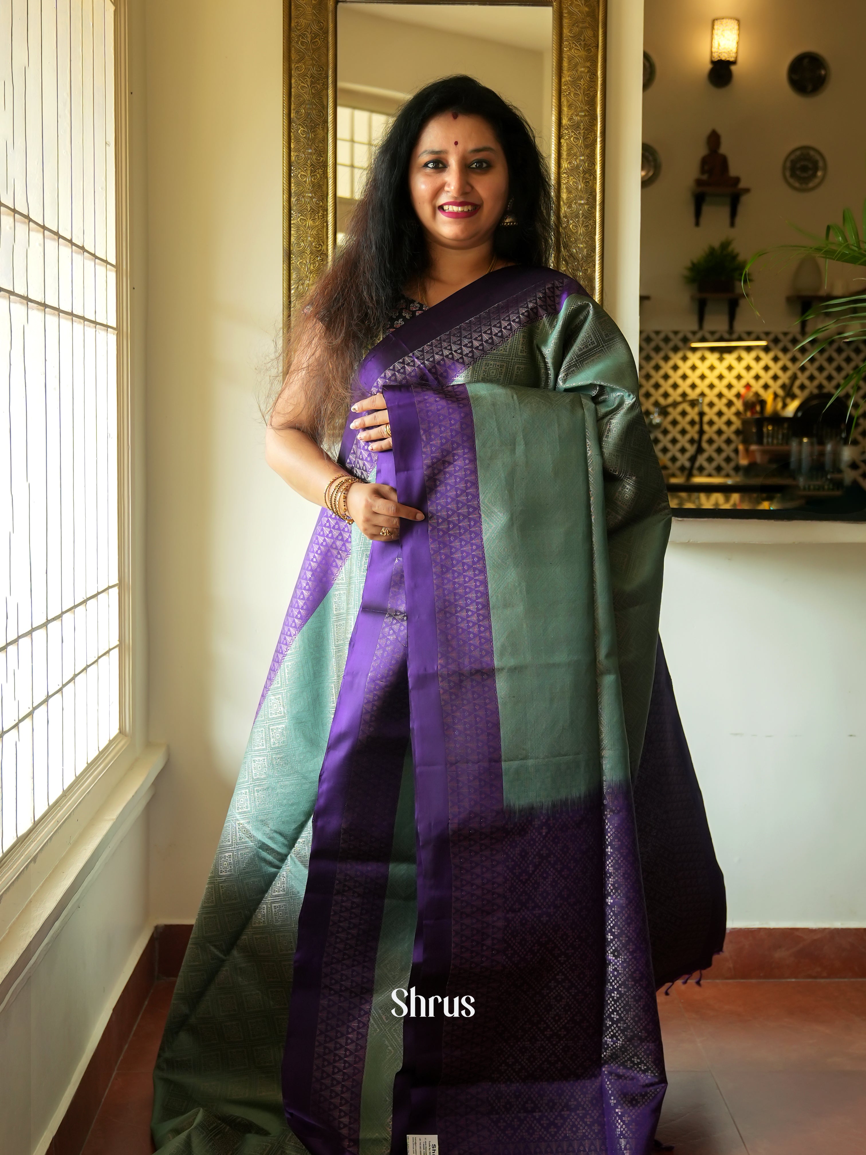 Green & Violet - Soft Silk Saree - Shop on ShrusEternity.com