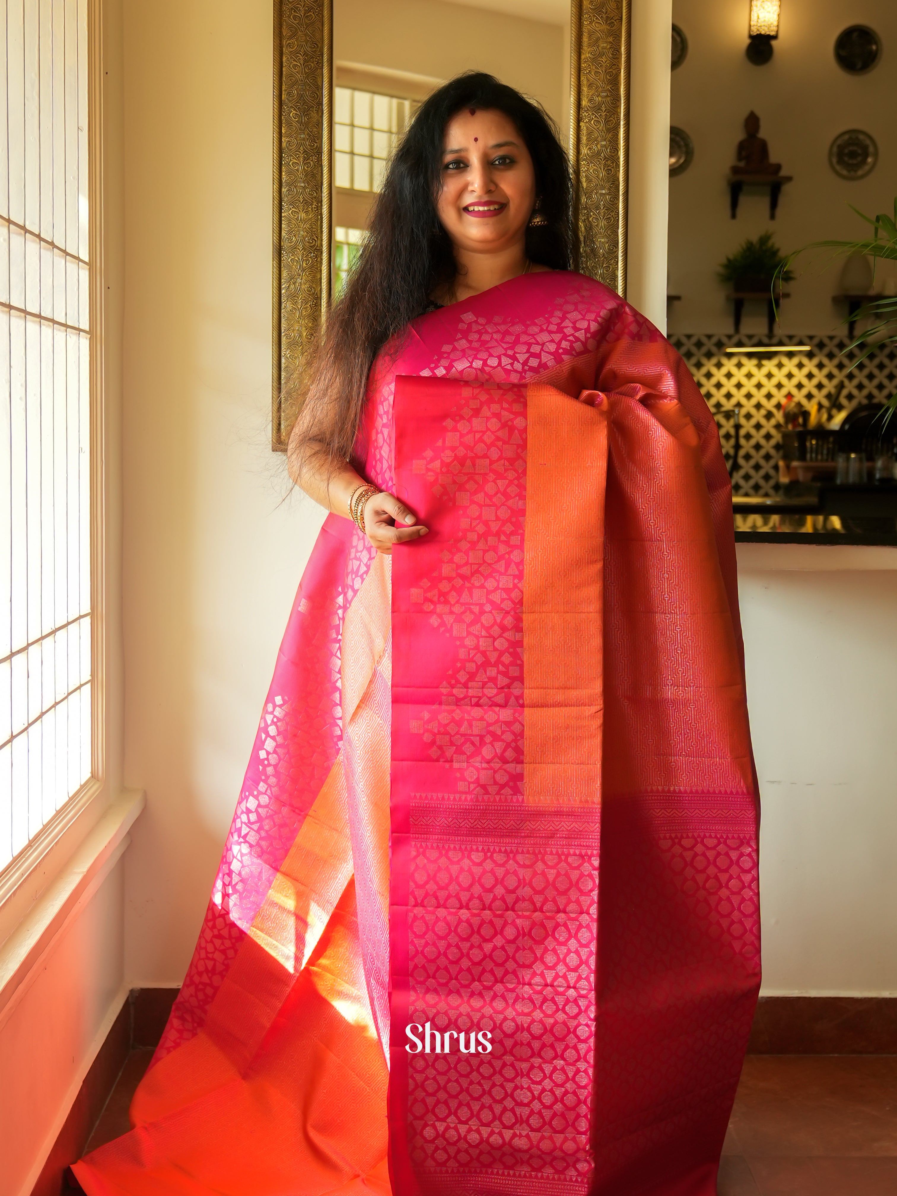 Orange & Pink - Soft Silk Saree - Shop on ShrusEternity.com