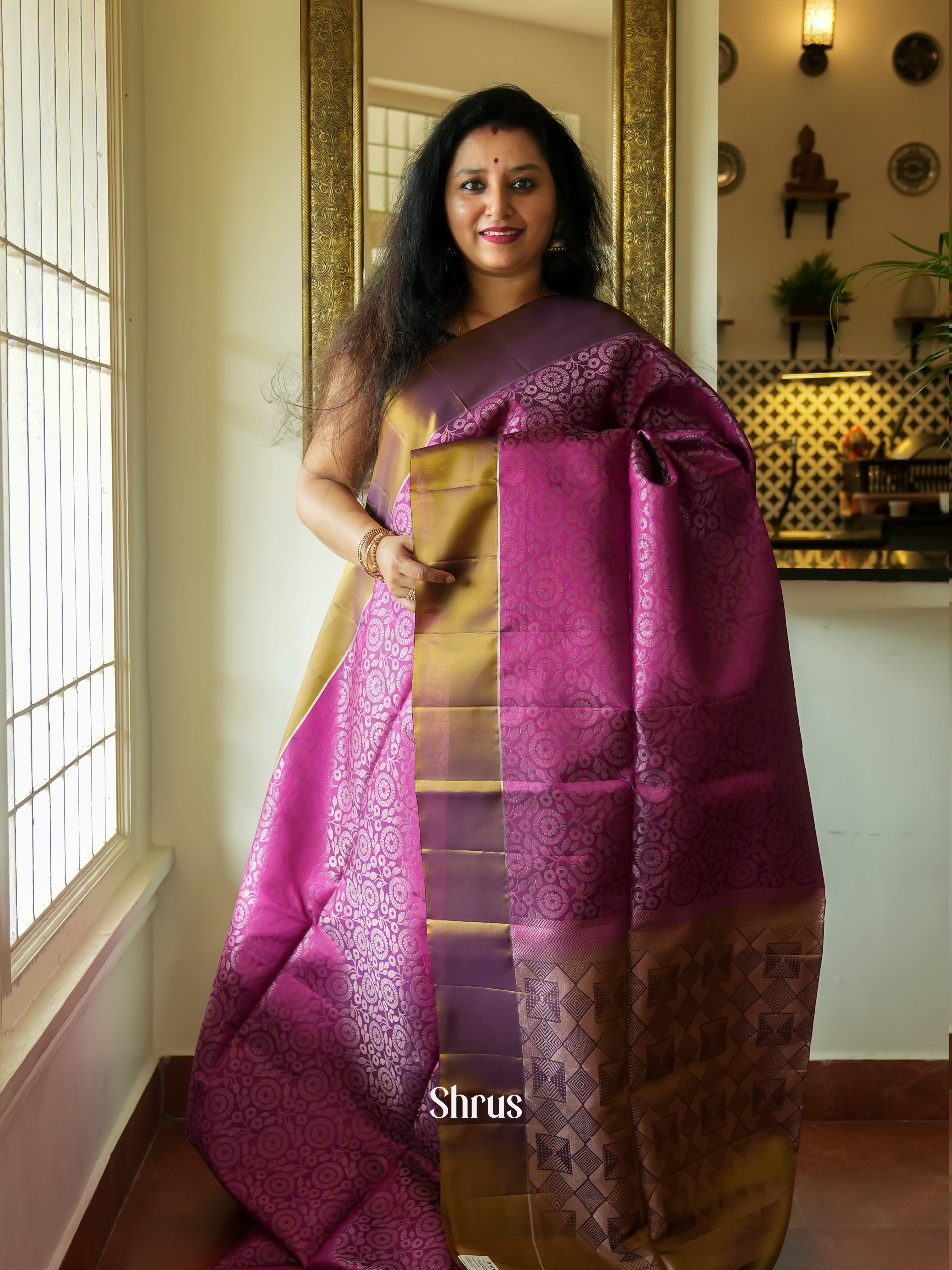Purple & Double Shaded Green - Soft Silk Saree - Shop on ShrusEternity.com