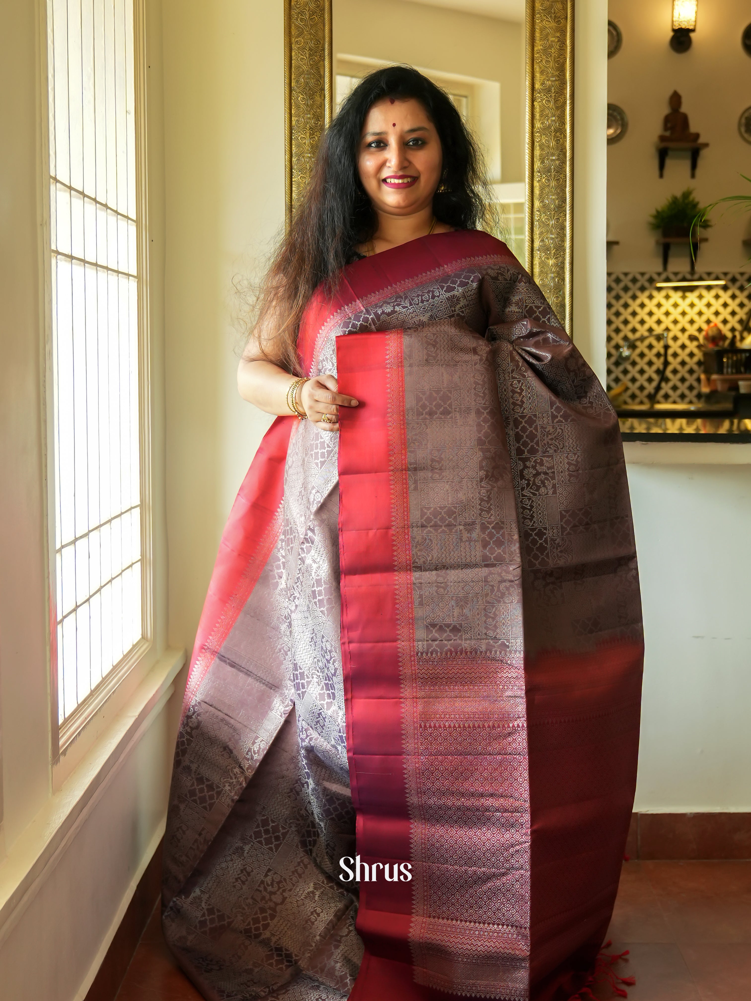Brown & Maroon - Soft Silk Saree - Shop on ShrusEternity.com