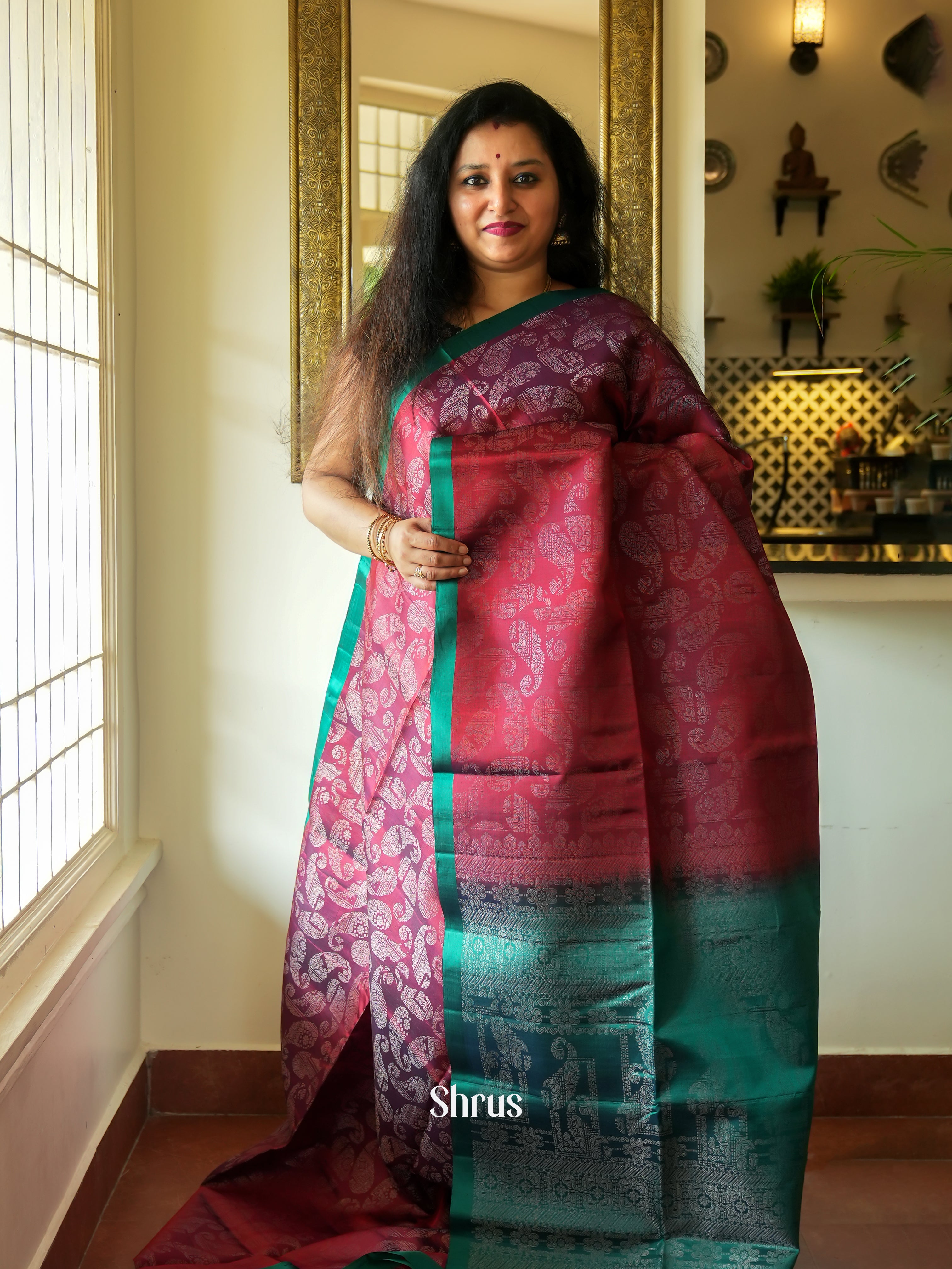 Maroon & Green - Soft Silk Saree - Shop on ShrusEternity.com