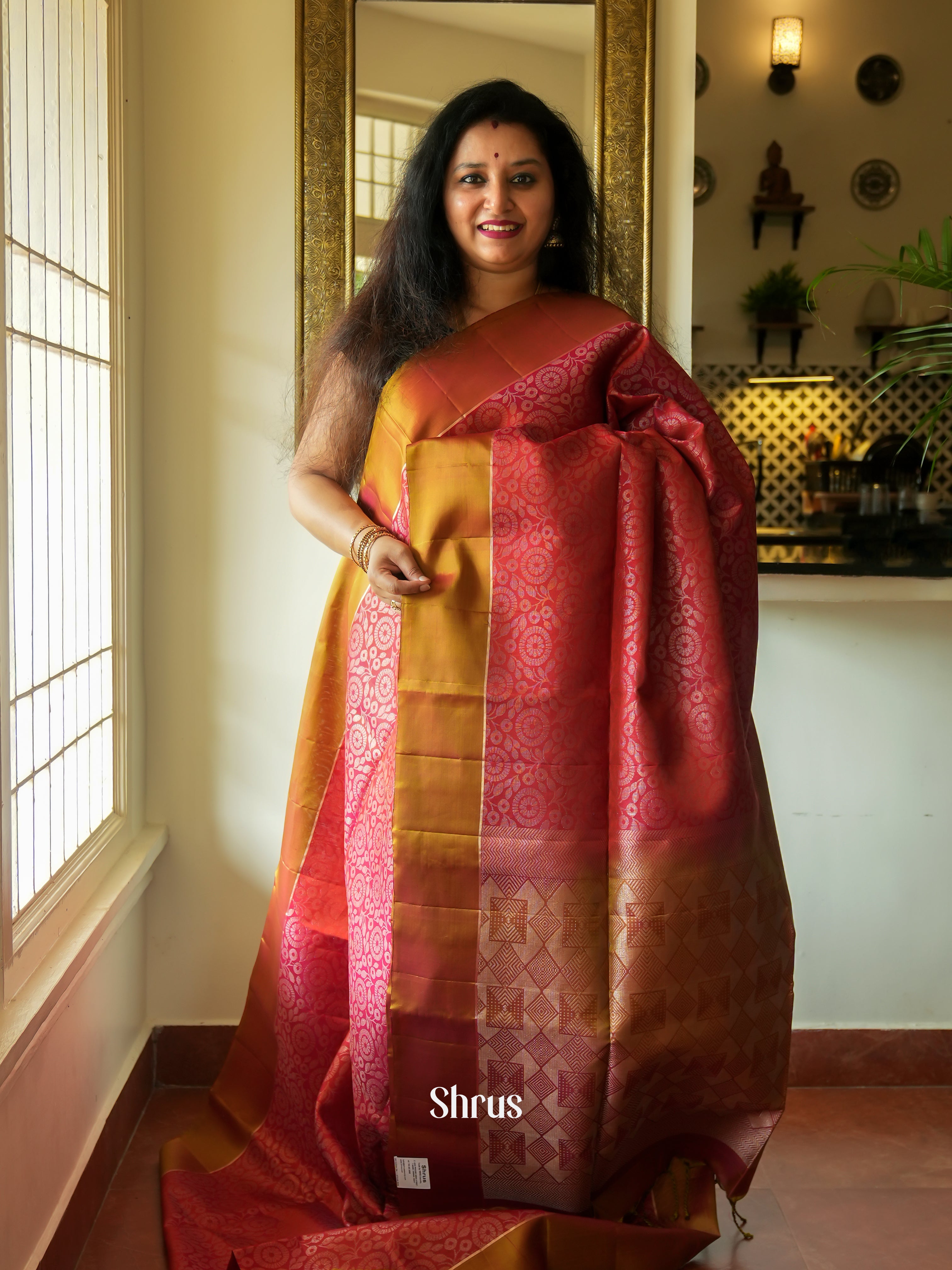 Red & Mustard - Soft Silk Saree - Shop on ShrusEternity.com