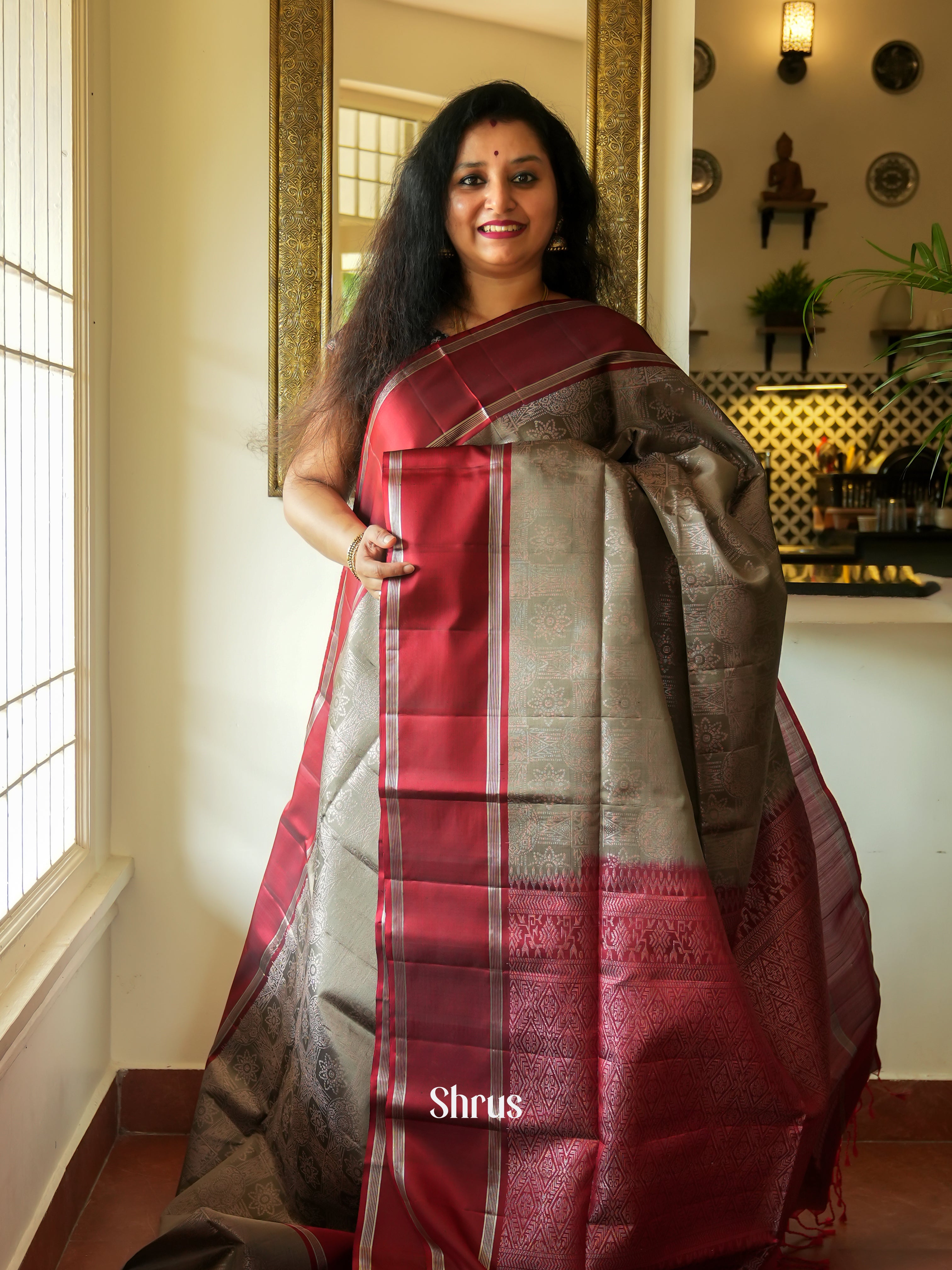 Grey & Maroon - Soft Silk Saree - Shop on ShrusEternity.com