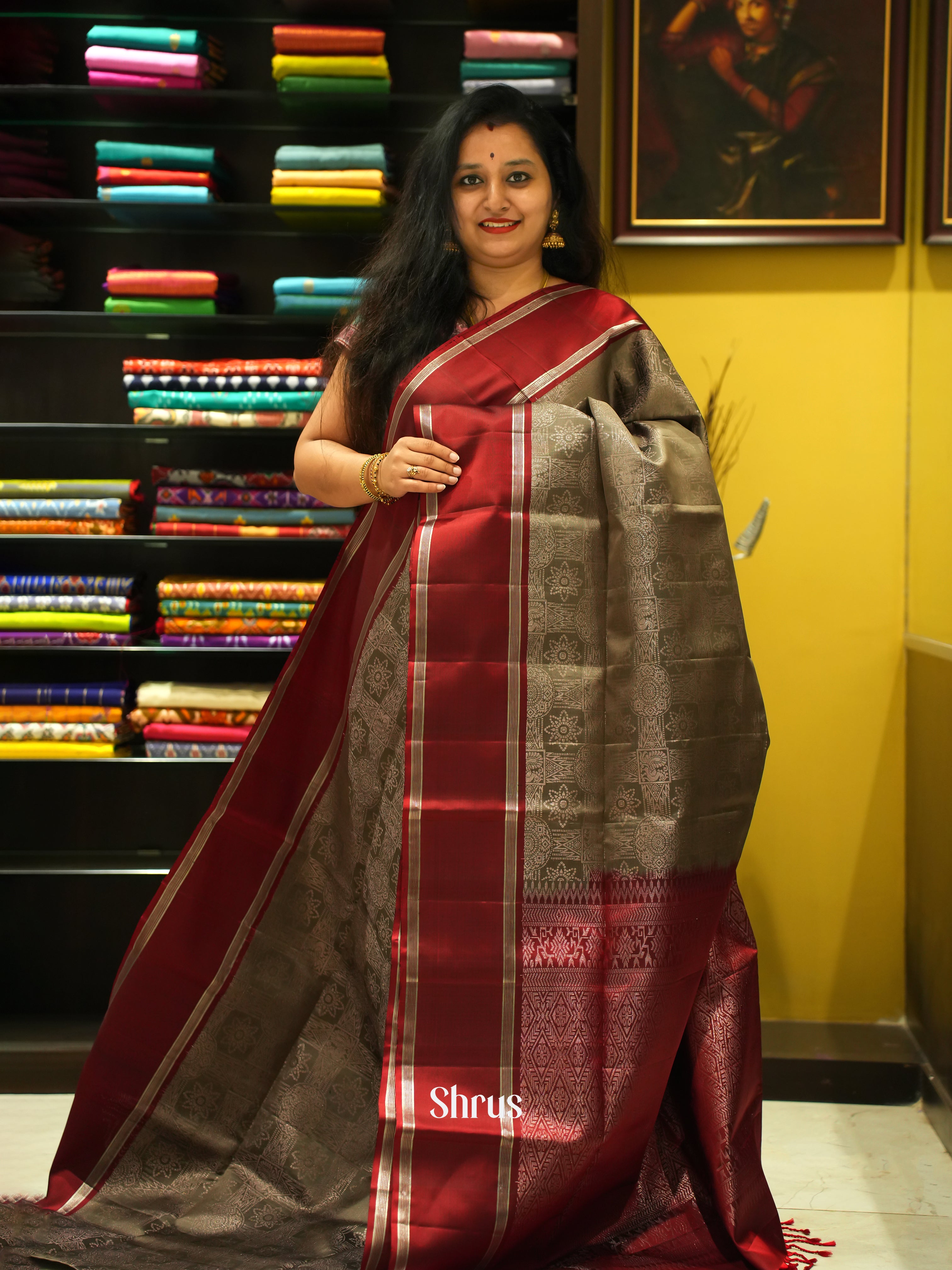 Grey & Maroon - Soft Silk Saree - Shop on ShrusEternity.com