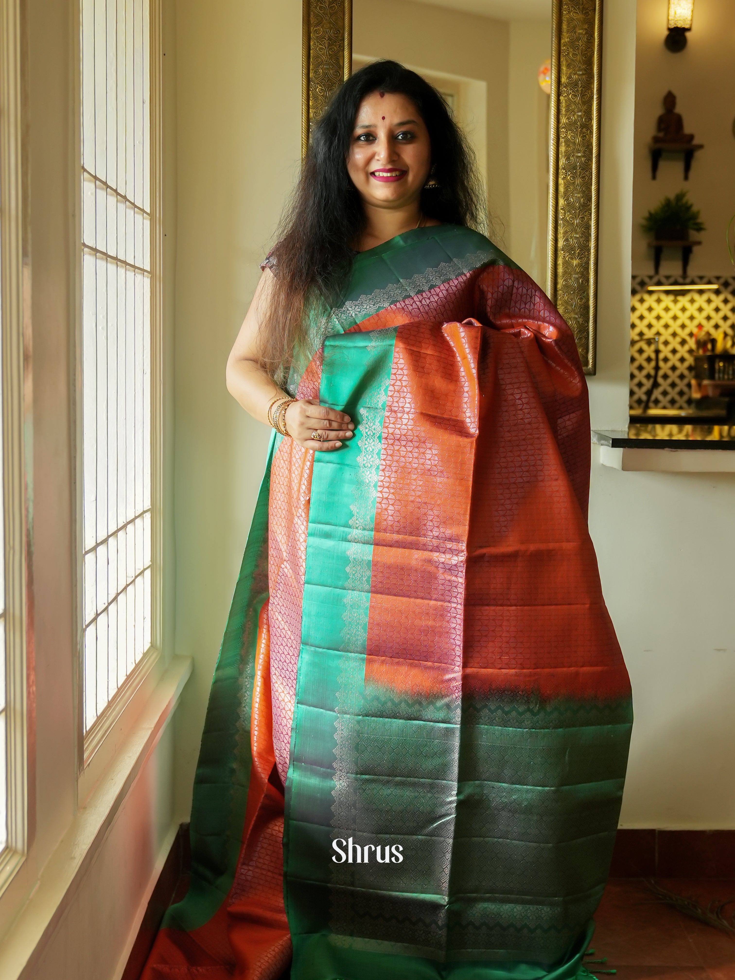Brick Red & Green - Soft Silk Saree - Shop on ShrusEternity.com