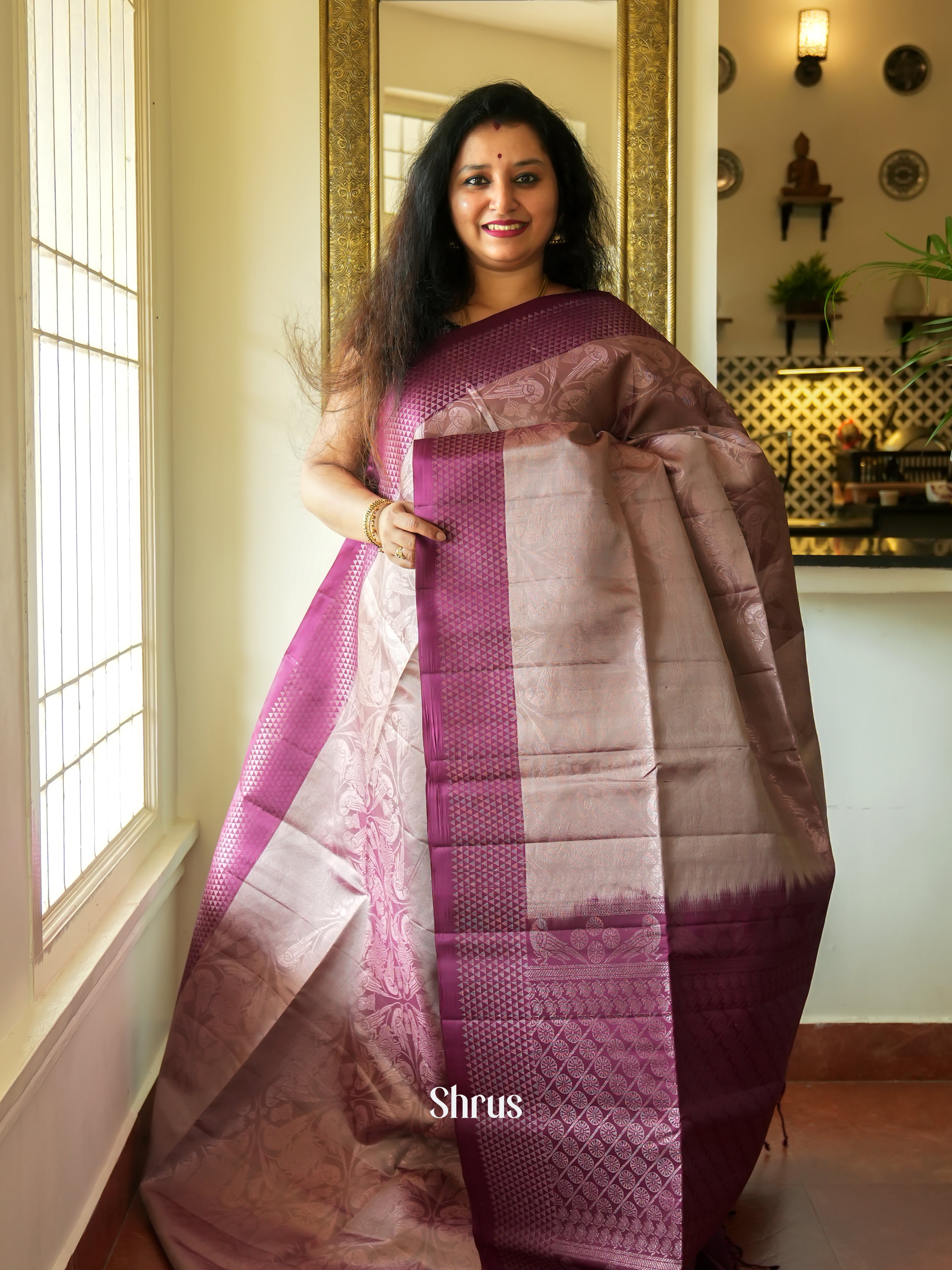 Dusty Pink & Wine - Soft Silk Saree - Shop on ShrusEternity.com