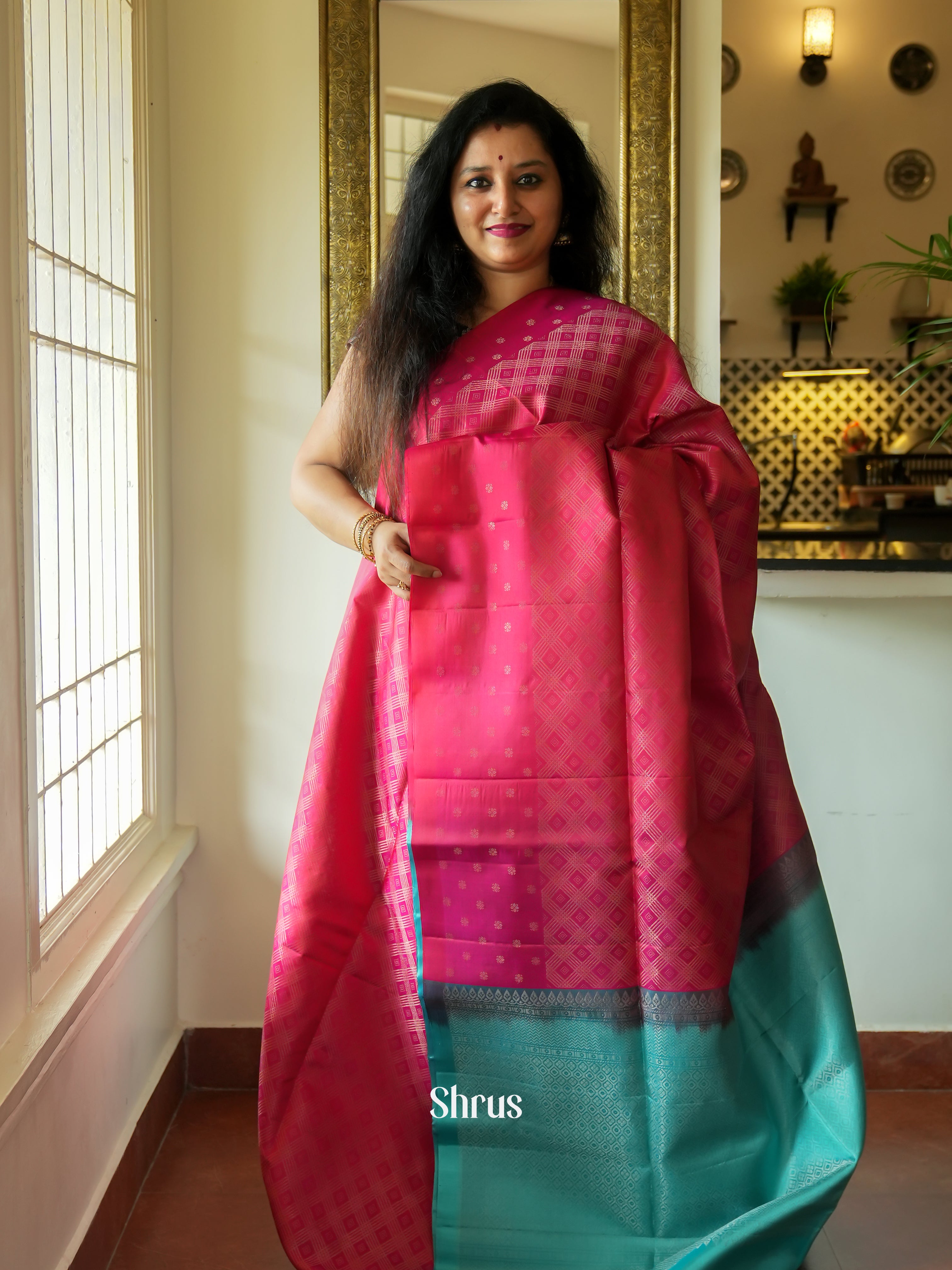 Pink & Blue - Soft Silk Saree - Shop on ShrusEternity.com