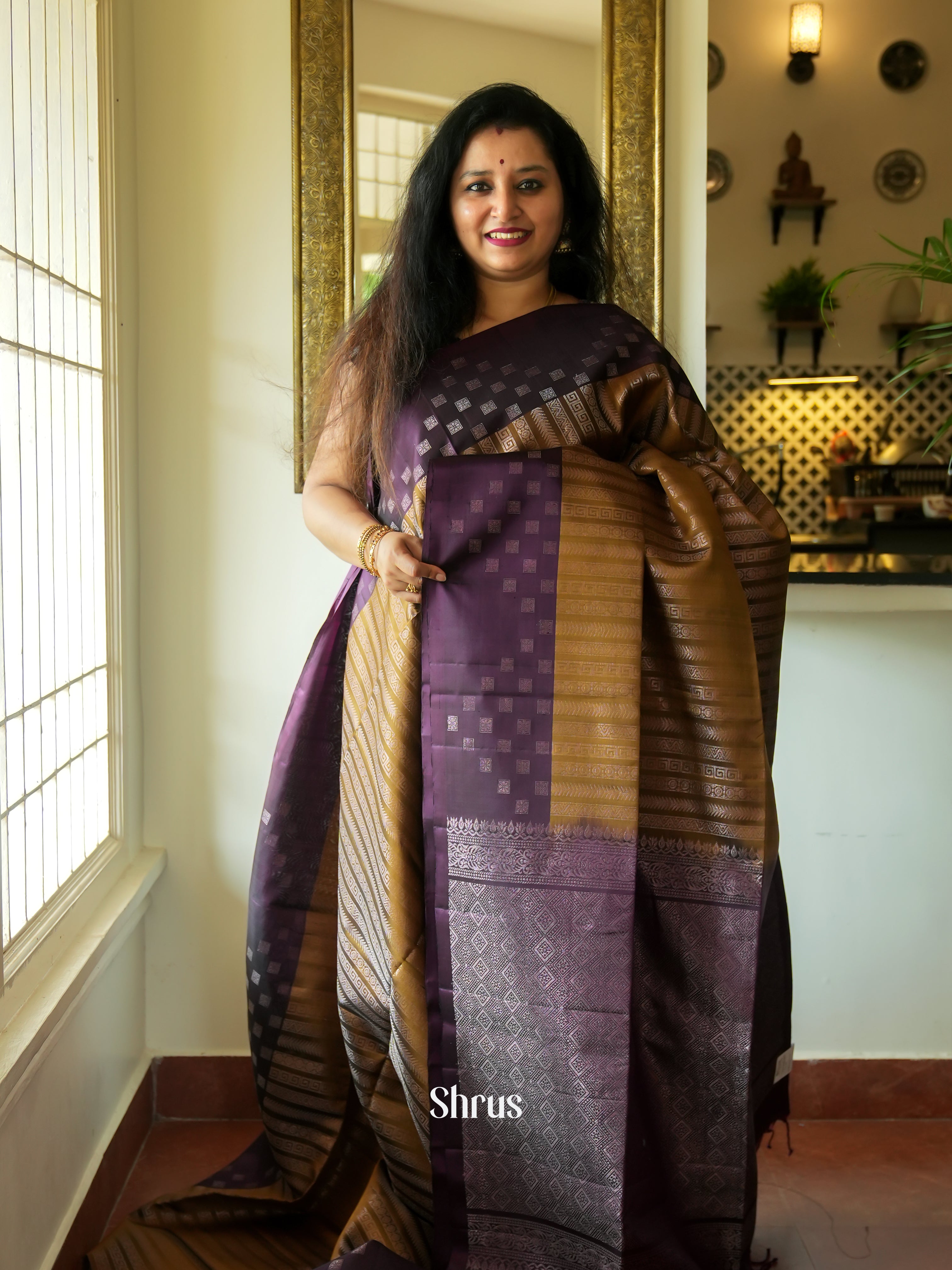 Brown & Violet - Soft Silk Saree - Shop on ShrusEternity.com