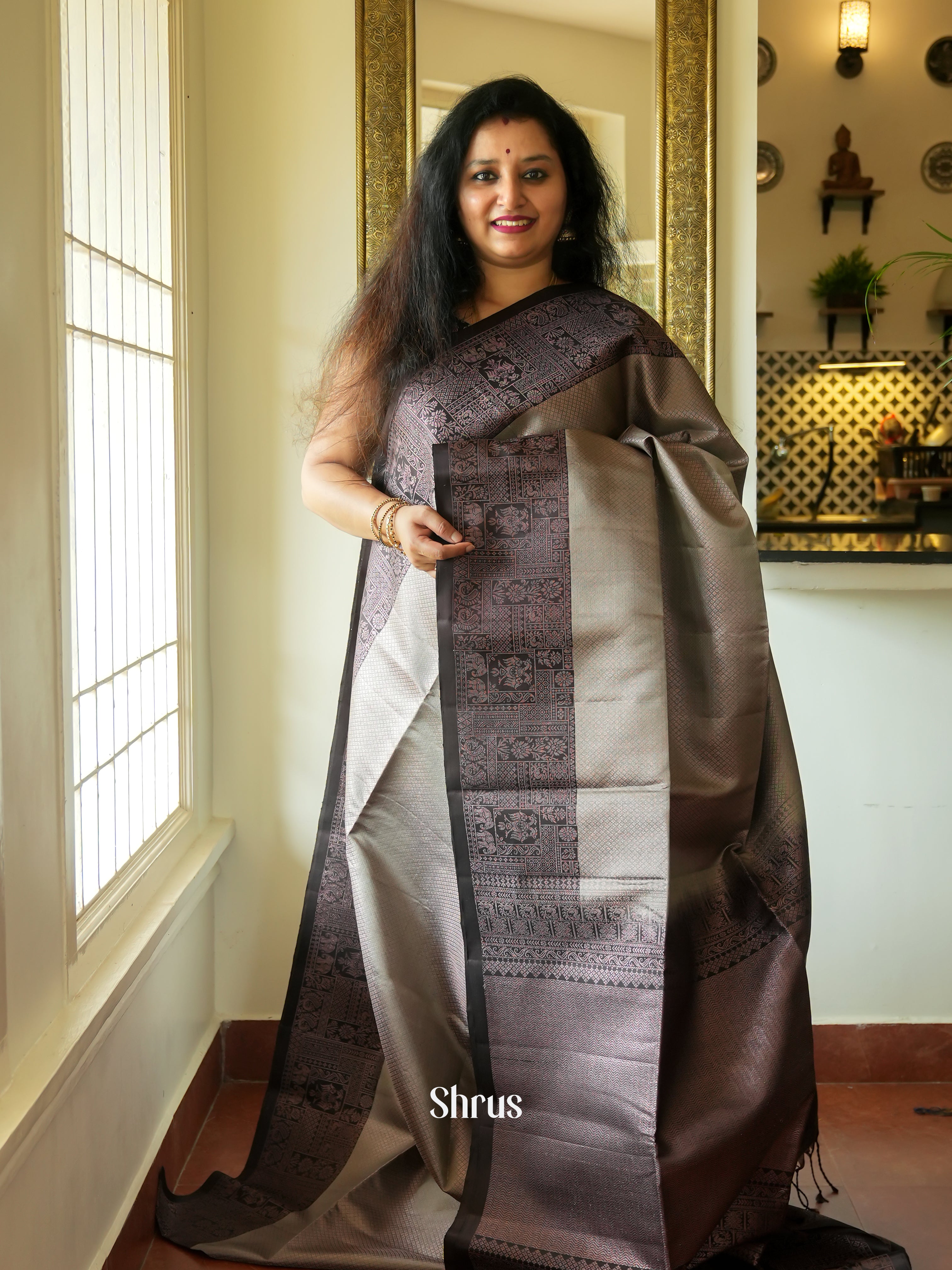 Grey & Black - Soft Silk Saree - Shop on ShrusEternity.com