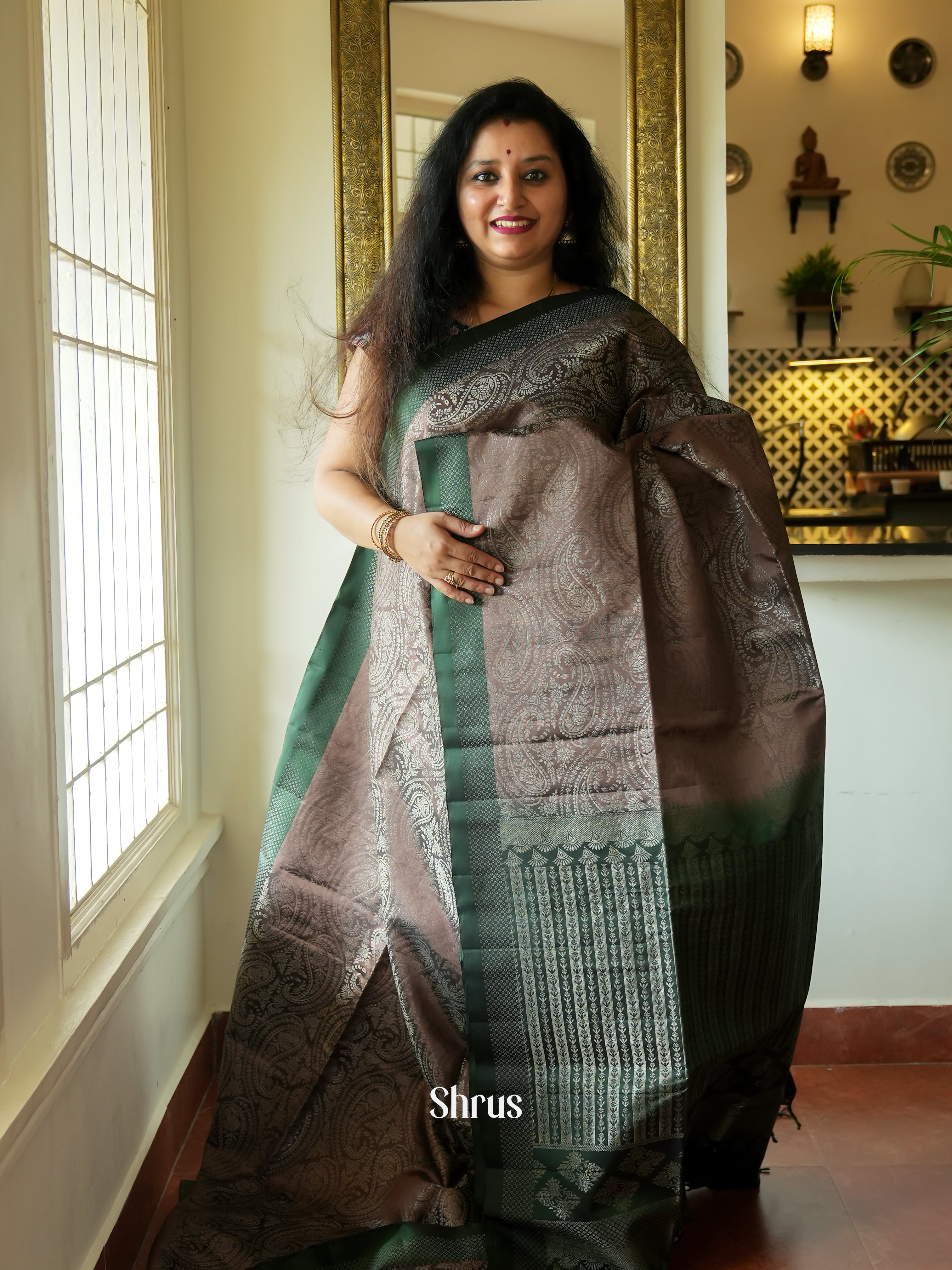 Grey & Green - Soft Silk Saree - Shop on ShrusEternity.com
