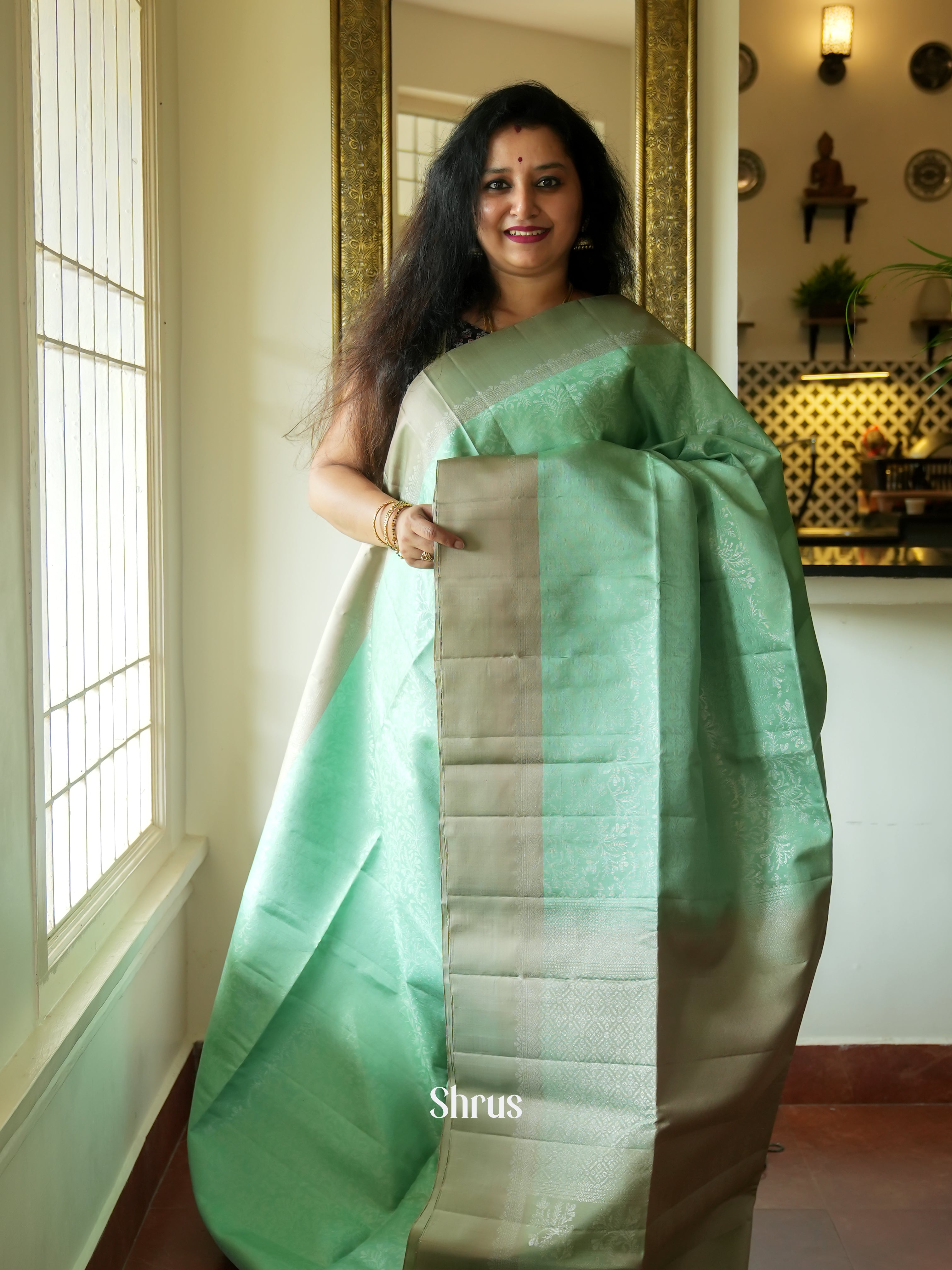 Pista Green & Grey - Soft Silk Saree - Shop on ShrusEternity.com