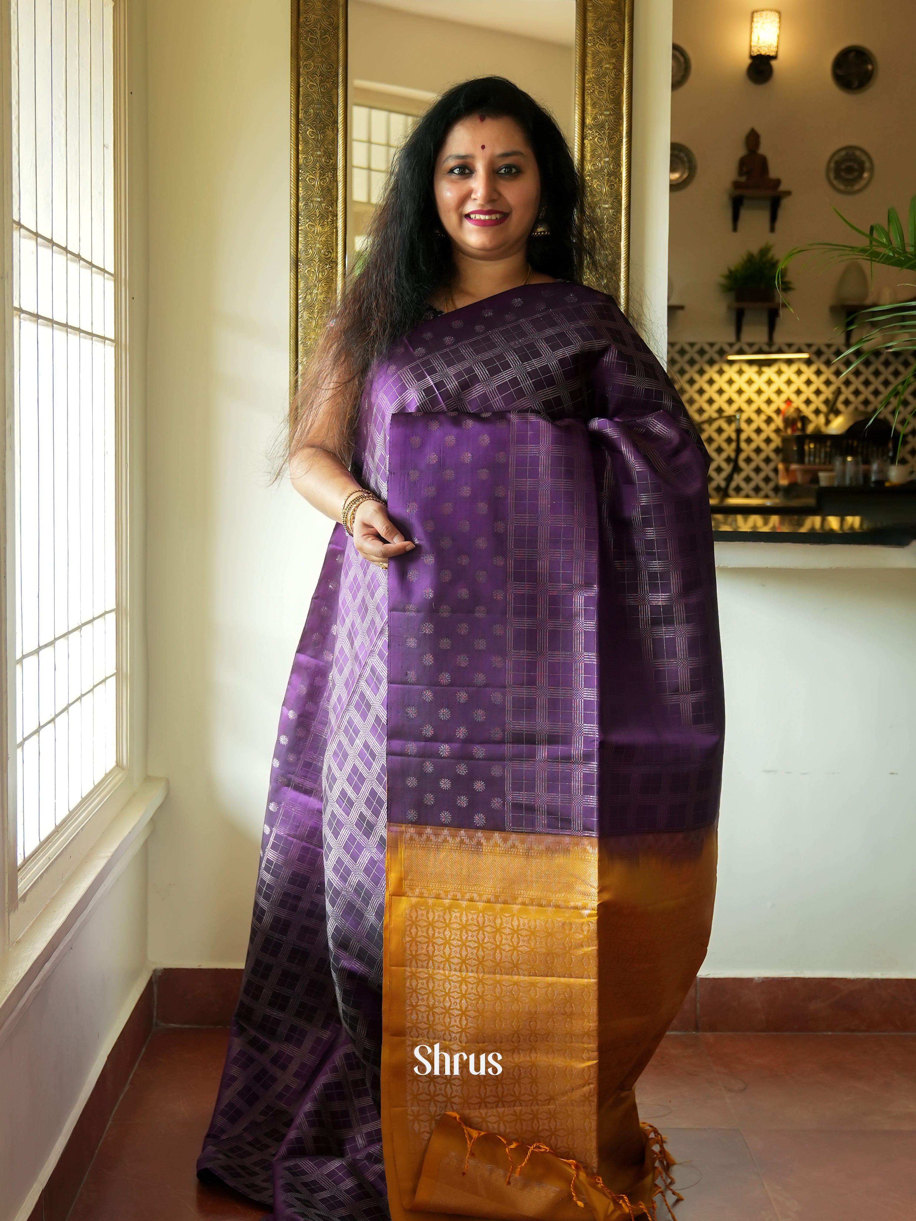 Purple & Mustard - Soft Silk Saree - Shop on ShrusEternity.com