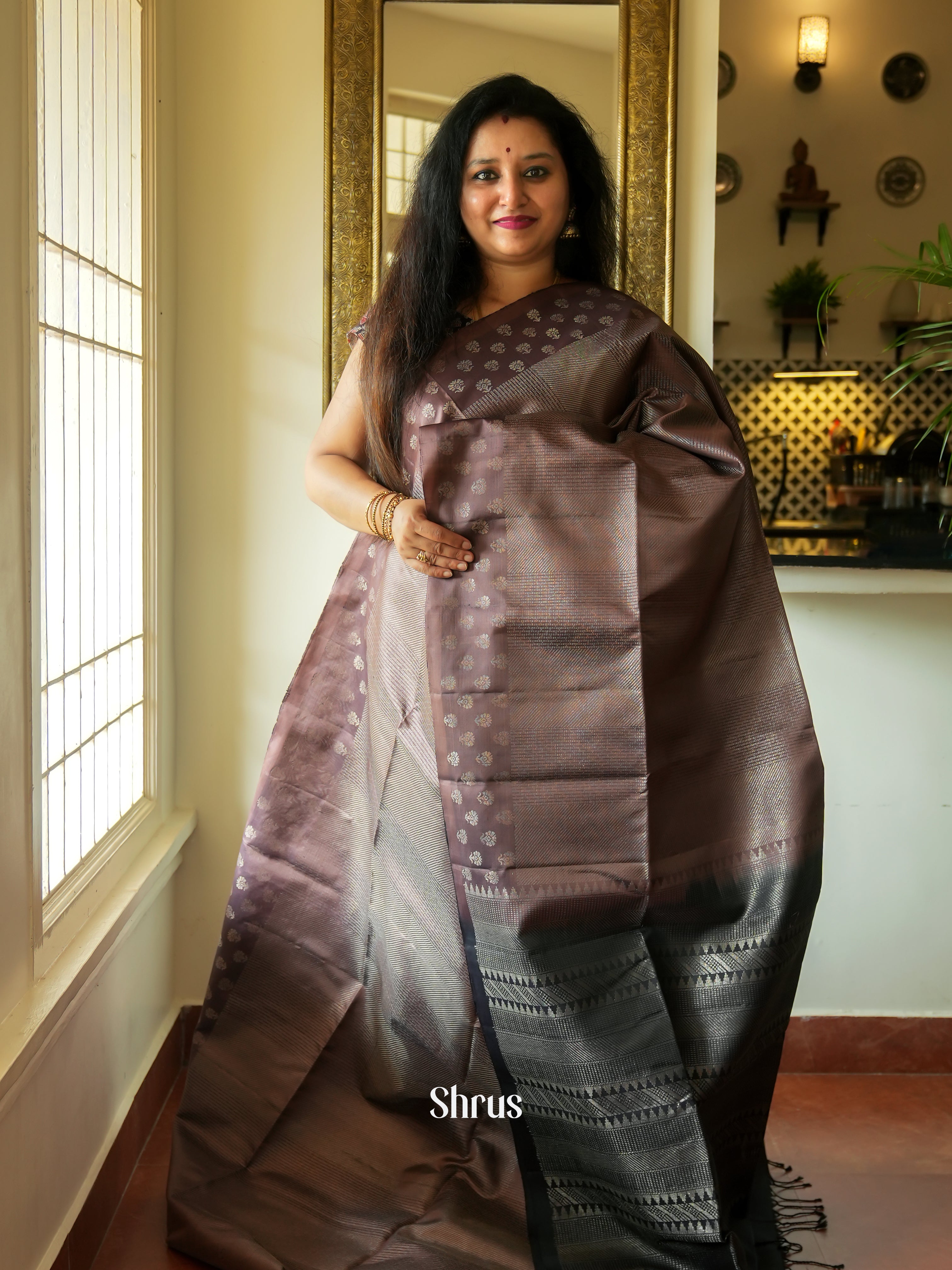 Dusty Brown & Black - Soft Silk Saree - Shop on ShrusEternity.com