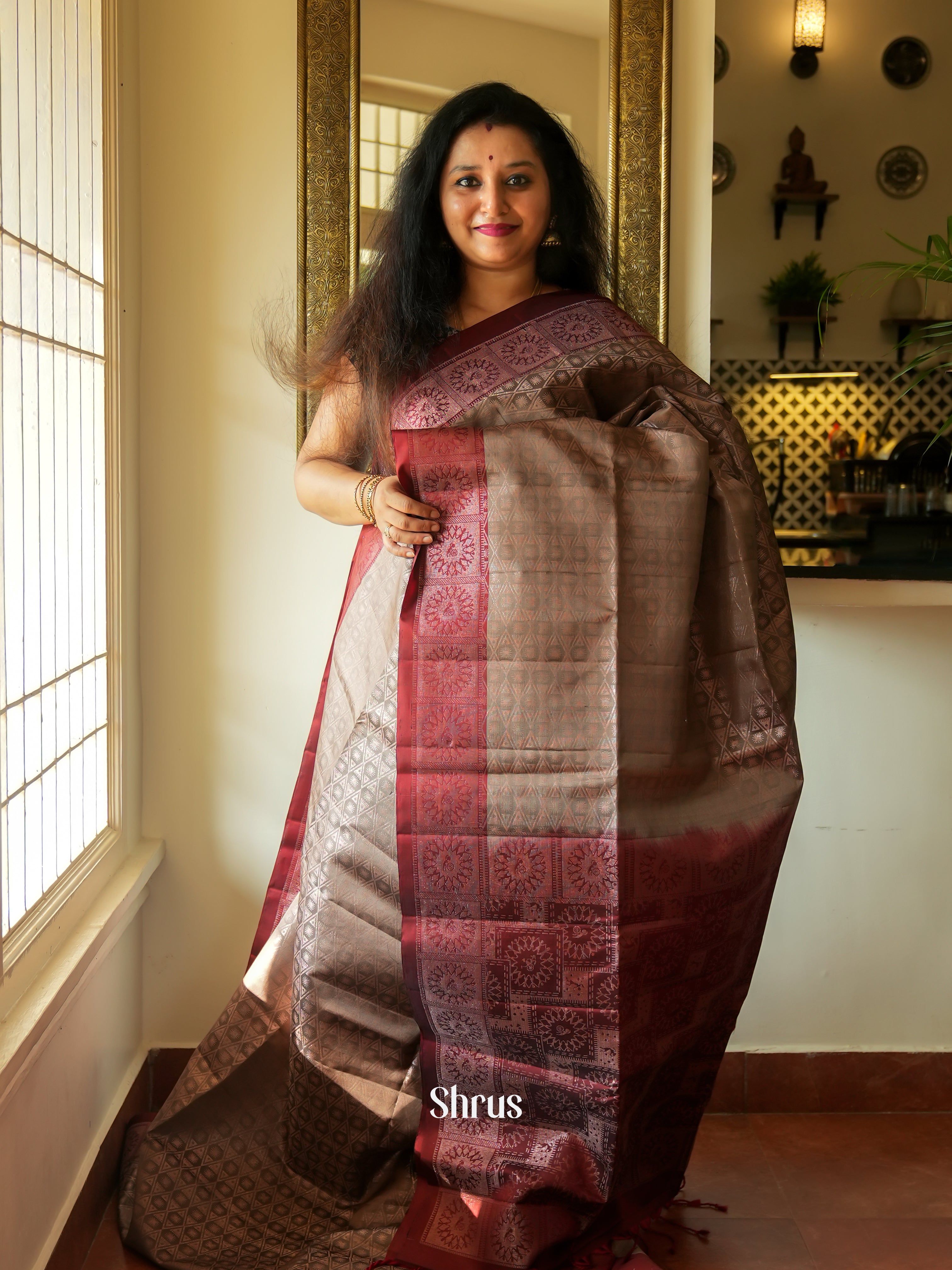 Grey & Maroon - Soft Silk Saree - Shop on ShrusEternity.com