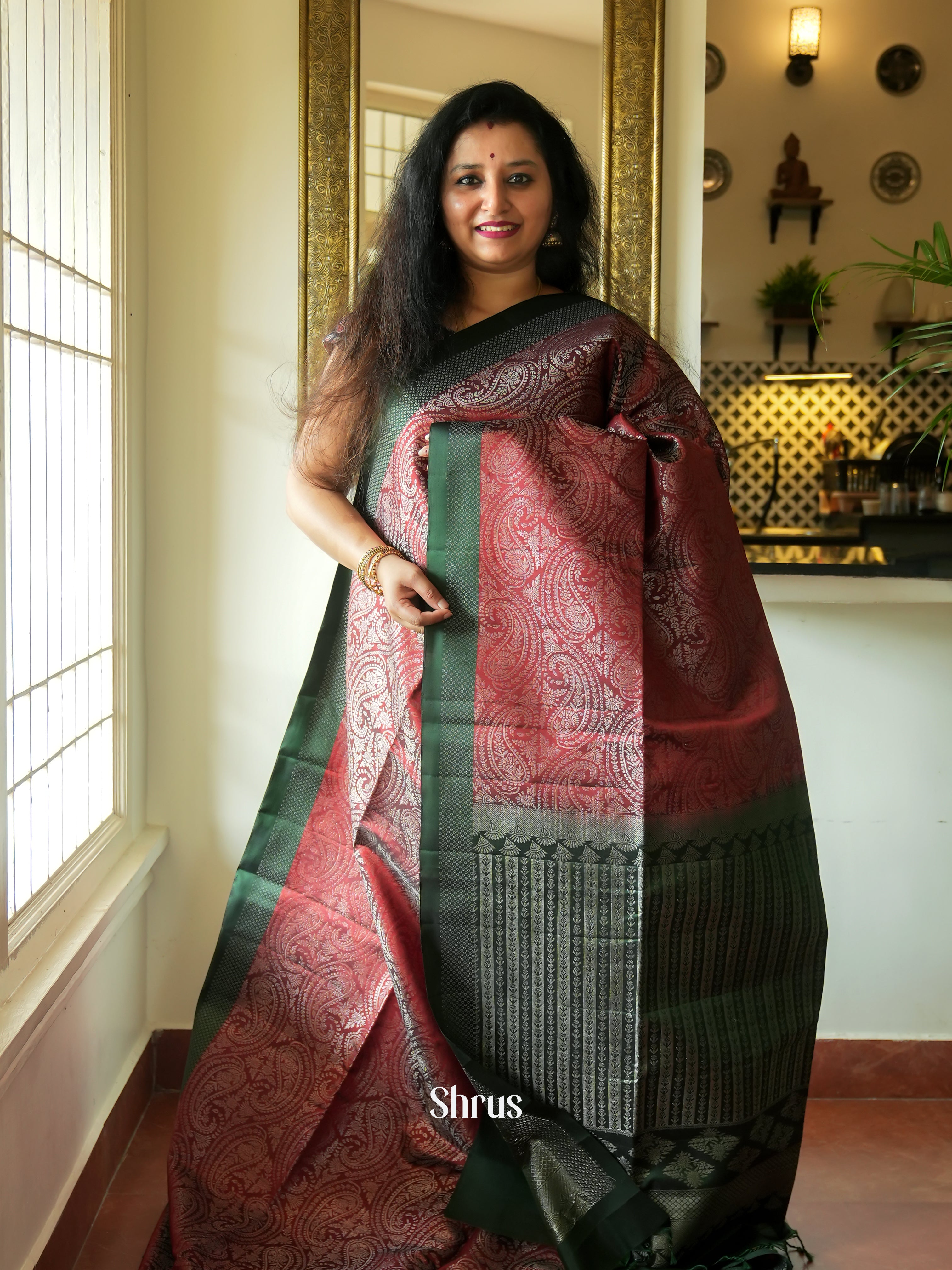 MAroon & Green - Soft Silk Saree - Shop on ShrusEternity.com