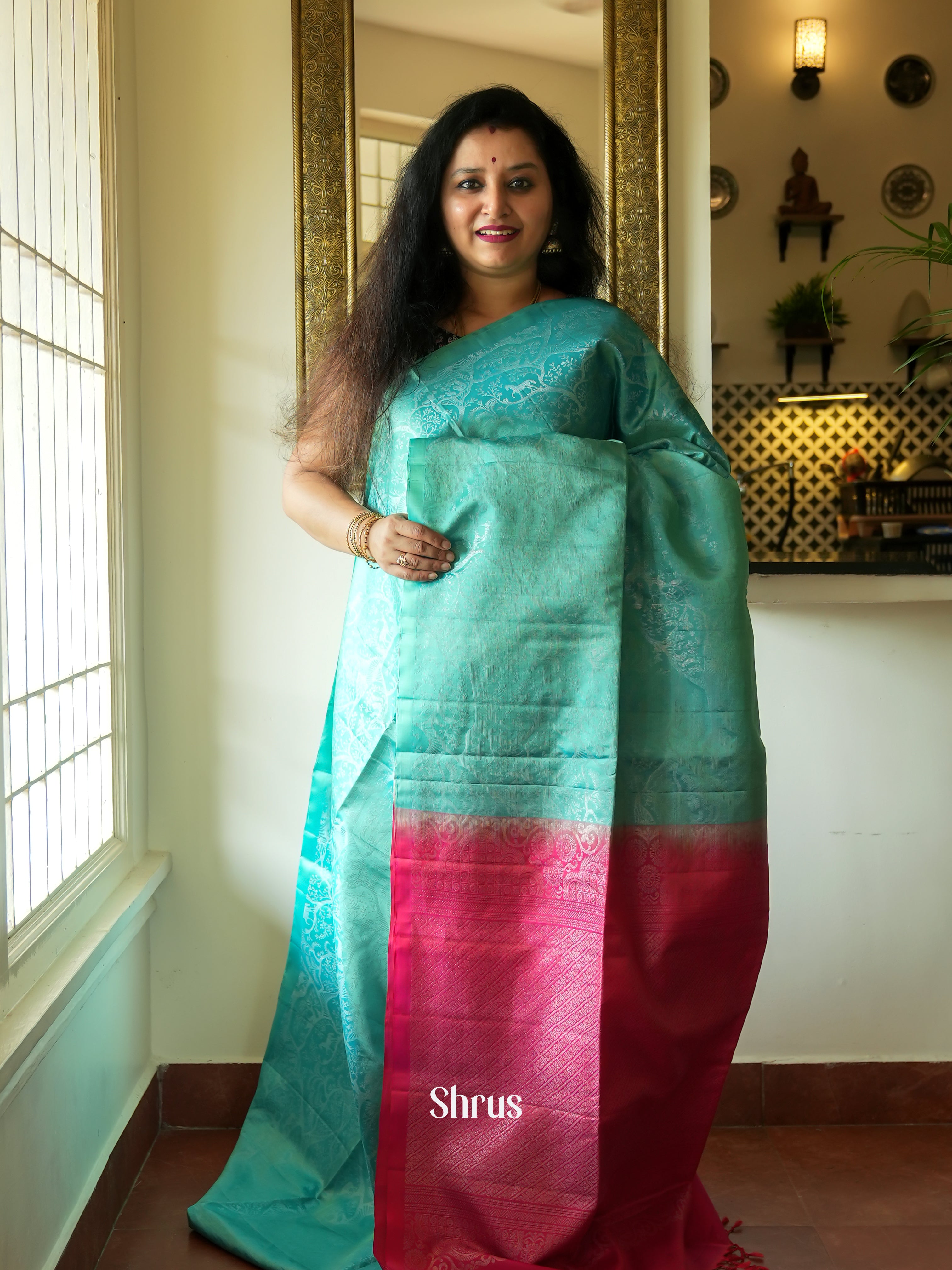 Teal Blue & Pink - Soft Silk Saree - Shop on ShrusEternity.com