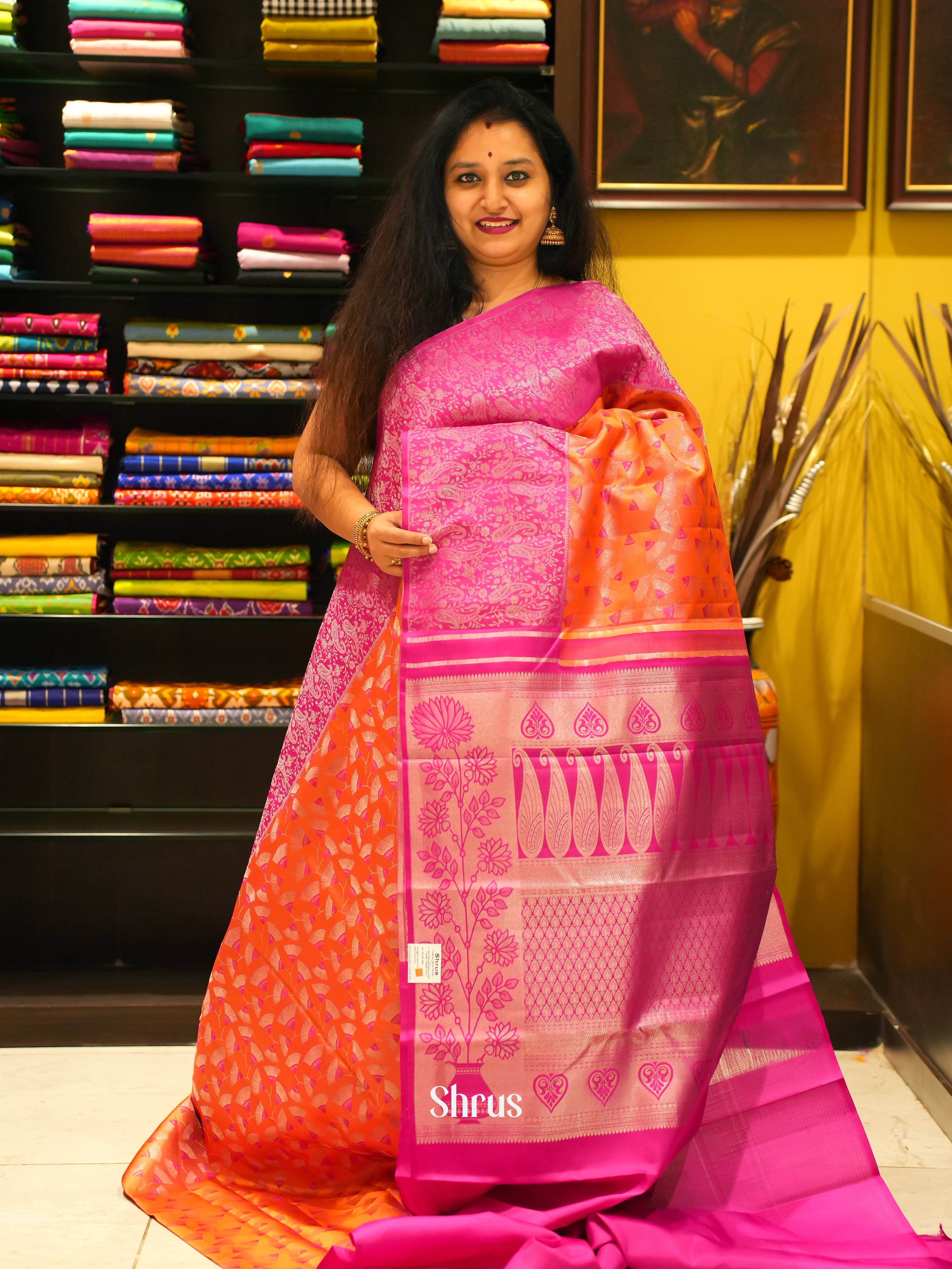 Orange and Pink Kanchipuram silk Saree With Zari Woven Brocade Design-1