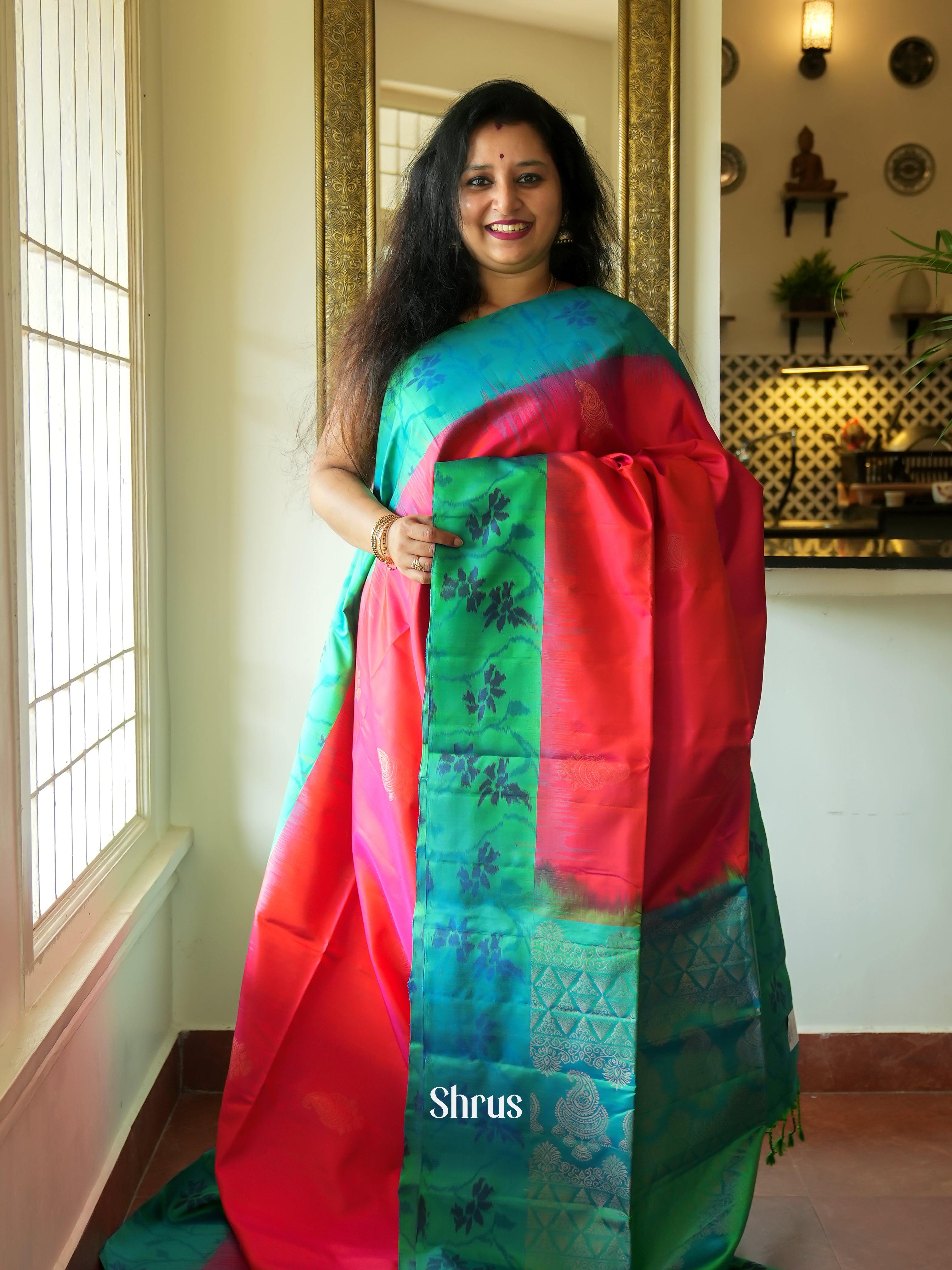 Red & Green - Soft Silk Saree - Shop on ShrusEternity.com
